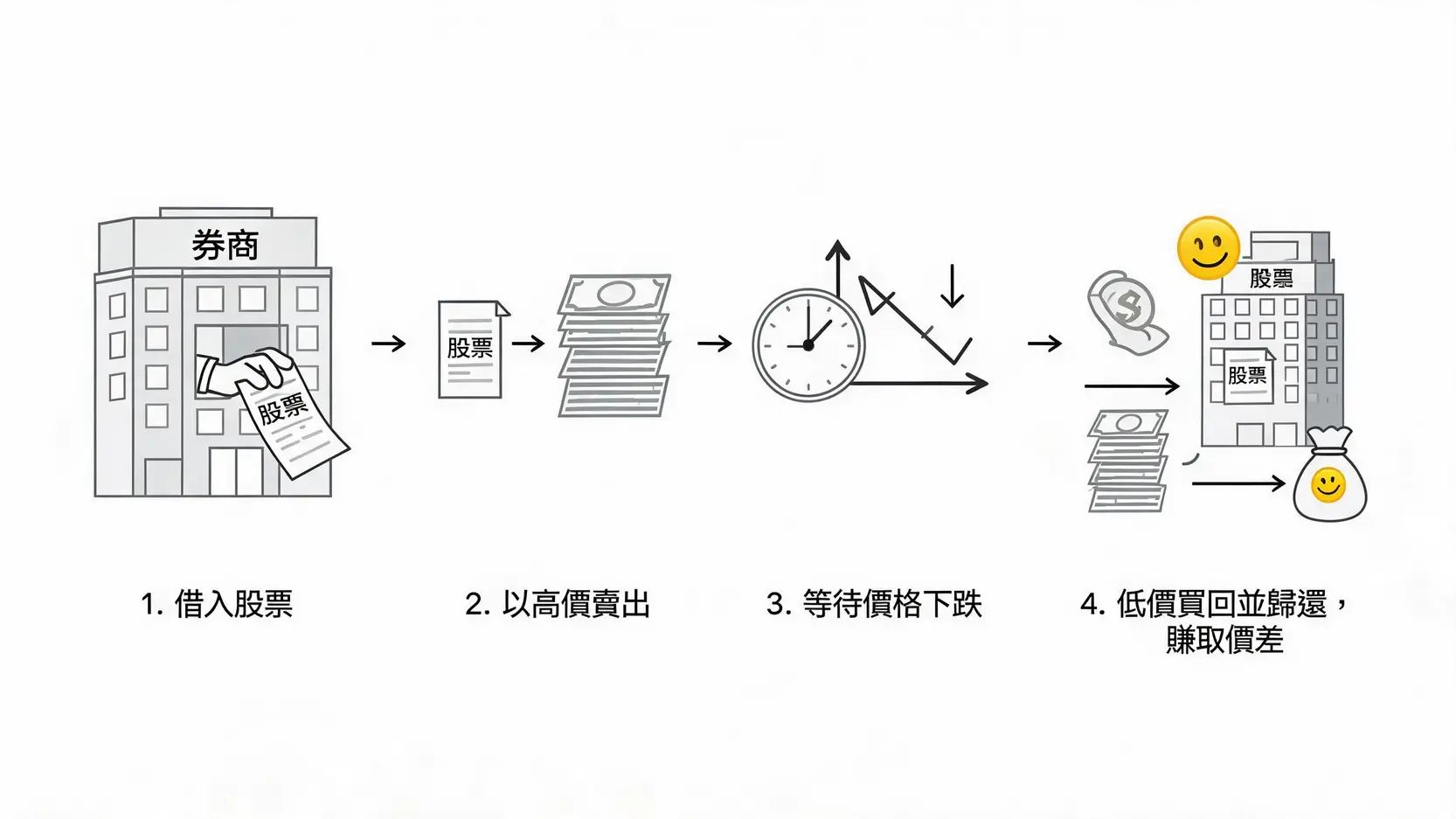什麼是短倉(Short)?一文看懂如何「做空」在市場下跌時獲利 做空股票的四個步驟流程圖:借券、賣出、等待、回補獲利。