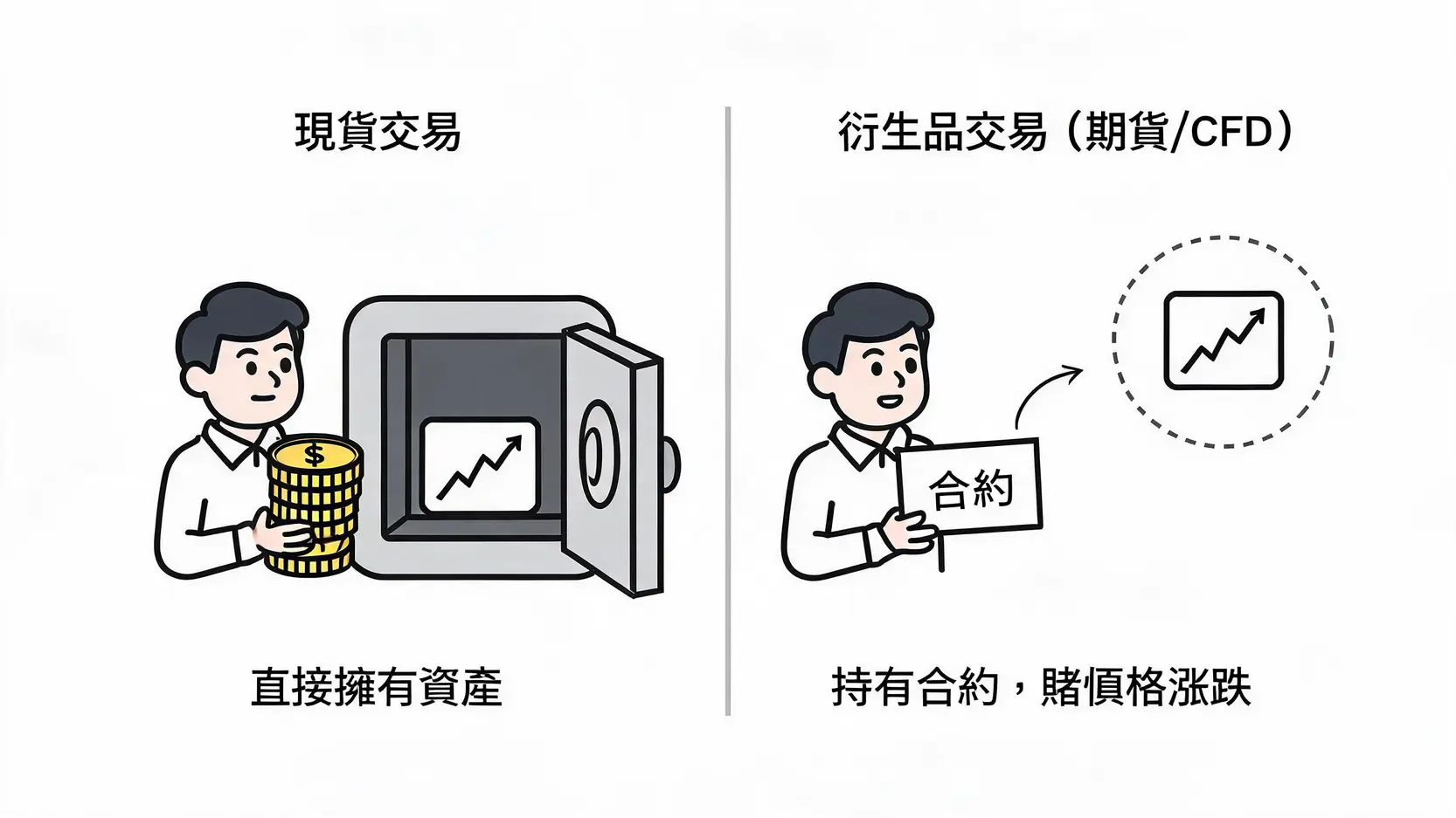 【現貨交易入門】Spot Trading是什麼?一篇搞懂現貨市場與交易方式 現貨交易與衍生品交易的區別圖:左邊現貨交易是直接用金錢換取並擁有資產所有權;右邊衍生品交易是持有合約,對資產未來價格進行約定或押注,並不實際擁有資產。