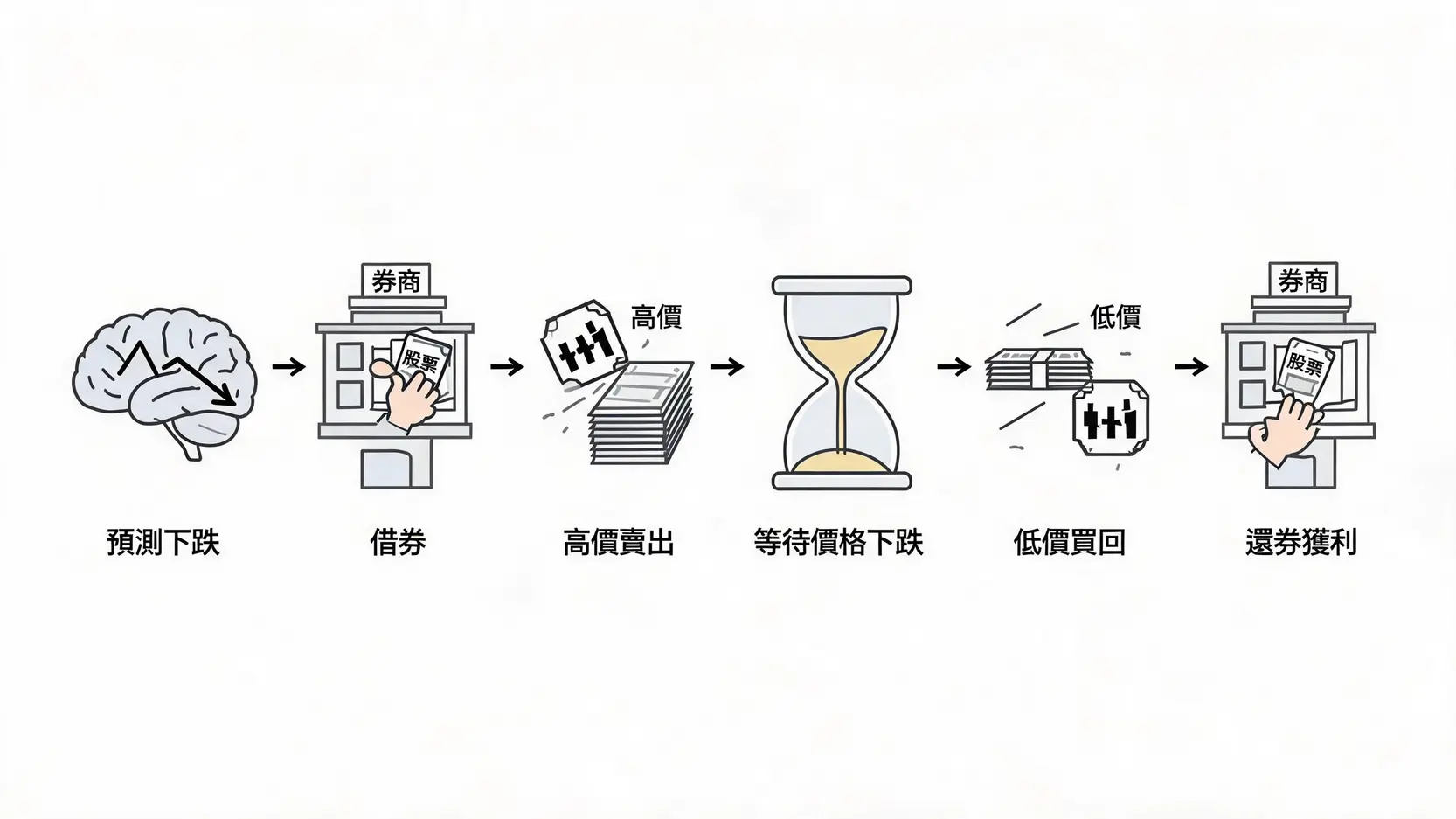 【做空教學】Short-Selling是什麼?一文看懂如何放空股票、風險與實例分析 做空股票的六個步驟流程圖,從預測下跌、借券、賣出到最終買回並歸還。
