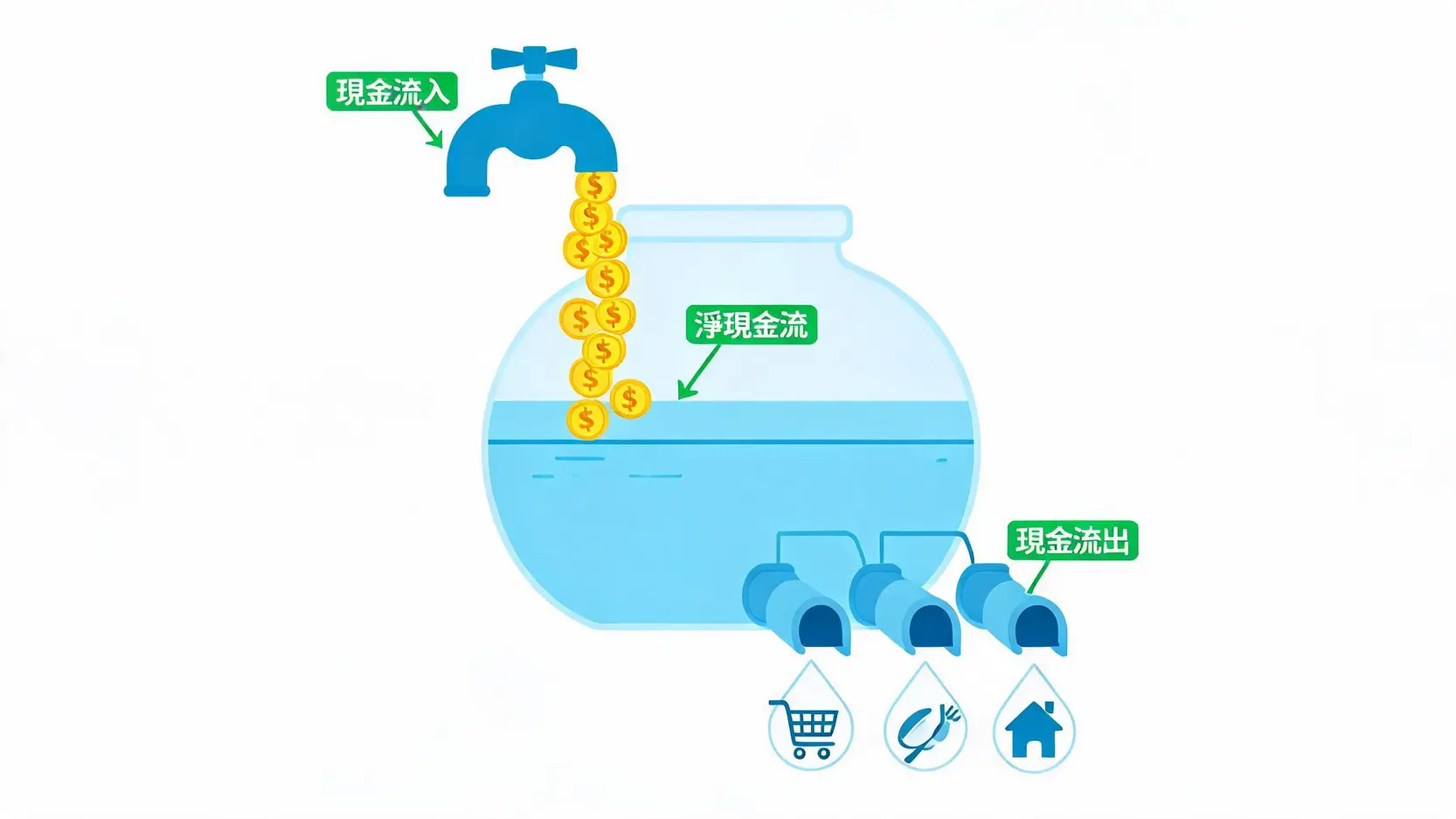 現金流管理指南:5步驟打造正向現金流,加速實現財務自由 一張說明現金流概念的示意圖,一個水庫代表個人財務,水龍頭進水是現金流入,排水管出水是現金流出。