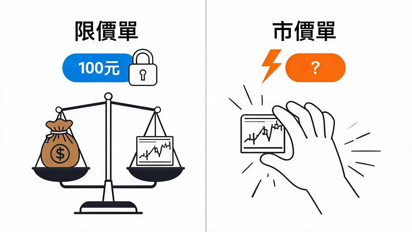 股票下單攻略:限價、市價、ROD、IOC、FOK 全解析 (附情境教學) 限價單與市價單的比較圖:限價單強調價格控制,市價單強調成交速度。