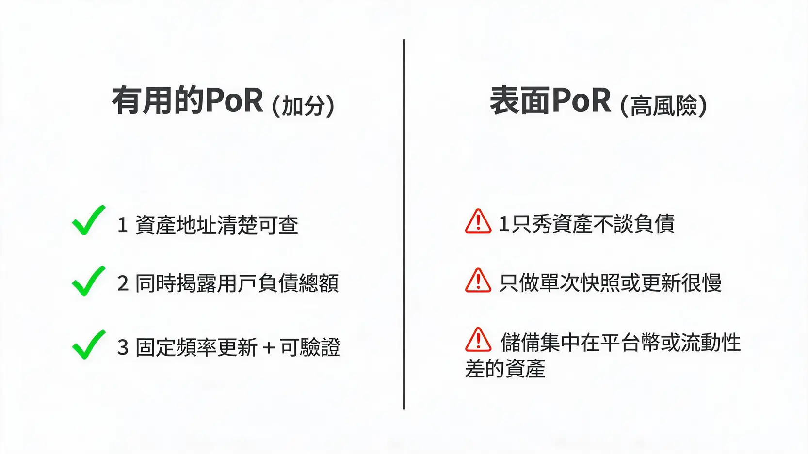 交易所安全怎麼看?8大指標自評合規牌照、PoR到提款困難與高回報詐騙 PoR儲備金證明有用與表面作法的對比圖