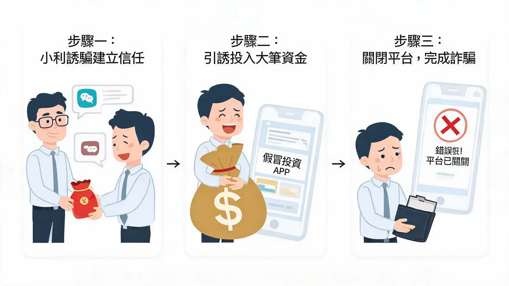 【投資防詐騙指南】專家揭密5大資金安全守則,遠離保證獲利陷阱 老師帶單投資詐騙三步驟流程圖,從初期小額獲利到最終平台關閉的過程。