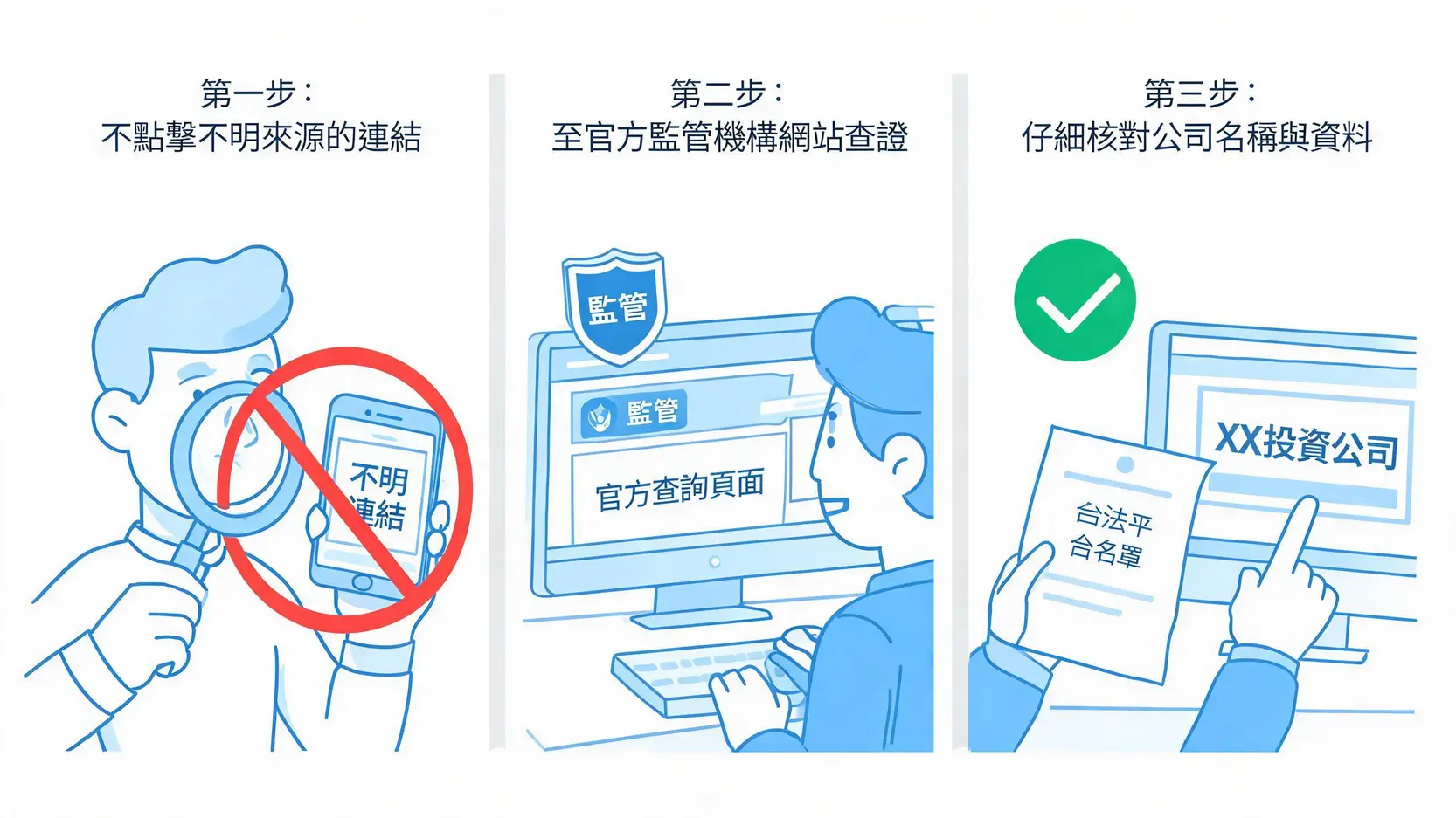 【投資防詐騙指南】專家揭密5大資金安全守則,遠離保證獲利陷阱 驗證合法投資平台的三步驟教學圖,包括辨識來源、官方查證和反覆確認。