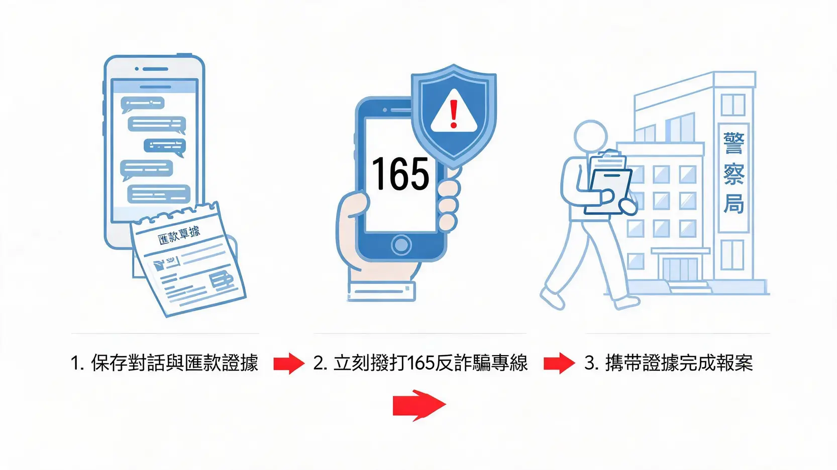 【投資防詐騙指南】專家揭密5大資金安全守則,遠離保證獲利陷阱 遇到投資詐騙的緊急應對三步驟SOP:保存證據、撥打165、警局報案。