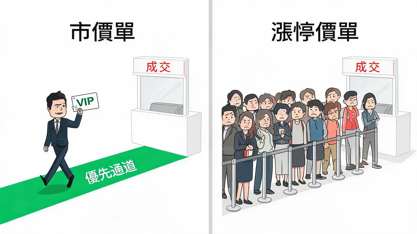 掛漲停價總是買不到?揭秘交易所搓合順序,用對「市價單」才能成功追漲! 一張對比圖,顯示市價單如同VIP優先通道,而漲停價單則像普通排隊隊伍,解釋了兩者在買入漲停股時的成交順序差異。