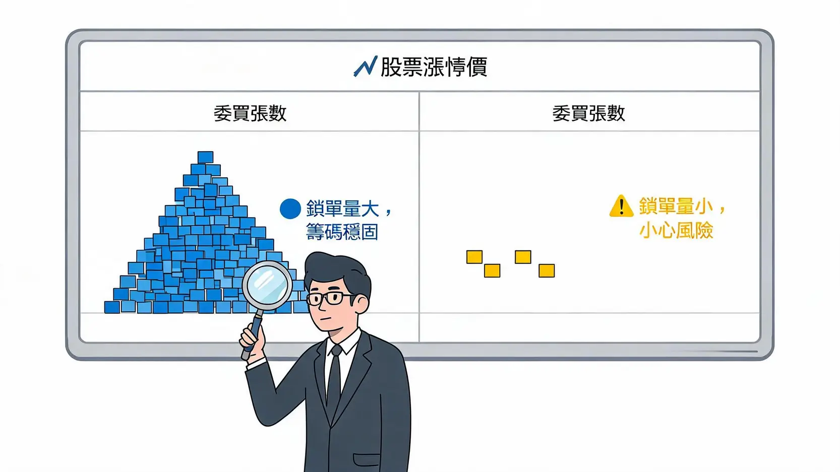 掛漲停價總是買不到?揭秘交易所搓合順序,用對「市價單」才能成功追漲! 一位投資者正在觀察螢幕上的漲停鎖單量,對比鎖單量大與鎖單量小的兩種情況,以判斷追價風險。