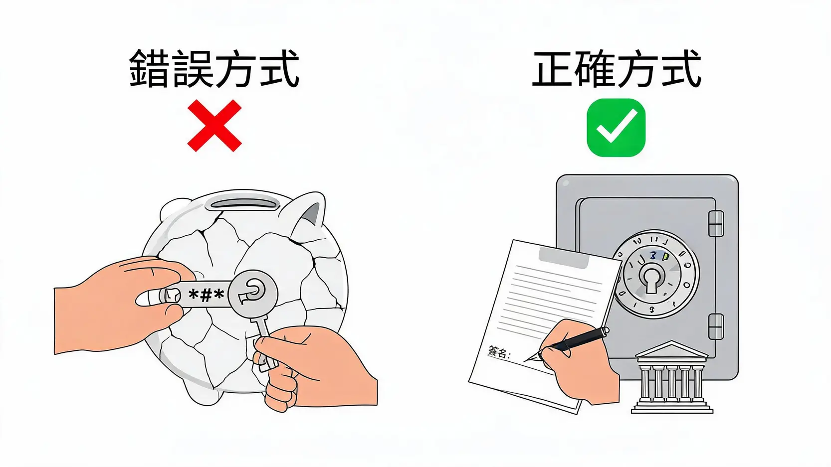 授權書(Power of Attorney)是什麼?金融交易中如何自保?一篇搞懂申請、風險與自保之道 一張對比圖,展示了錯誤的帳戶密碼共享方式與正確使用金融交易授權書的合法方式。