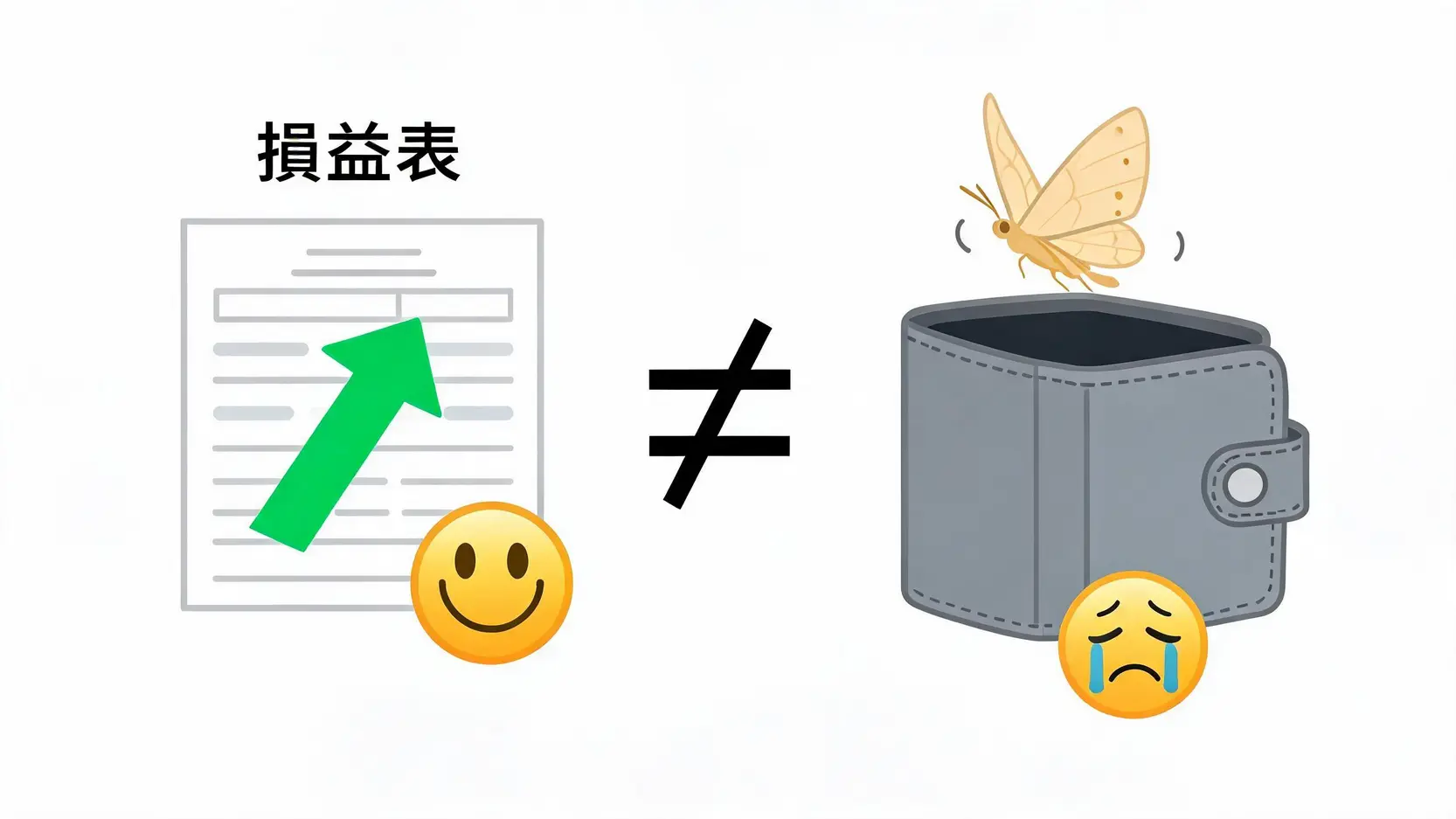 損益表(Profit and Loss)怎麼看?從P&L公式到財報分析,投資必修課 一張顯示高利潤的損益表和一個空錢包的對比圖,說明帳面利潤不等於實際現金。