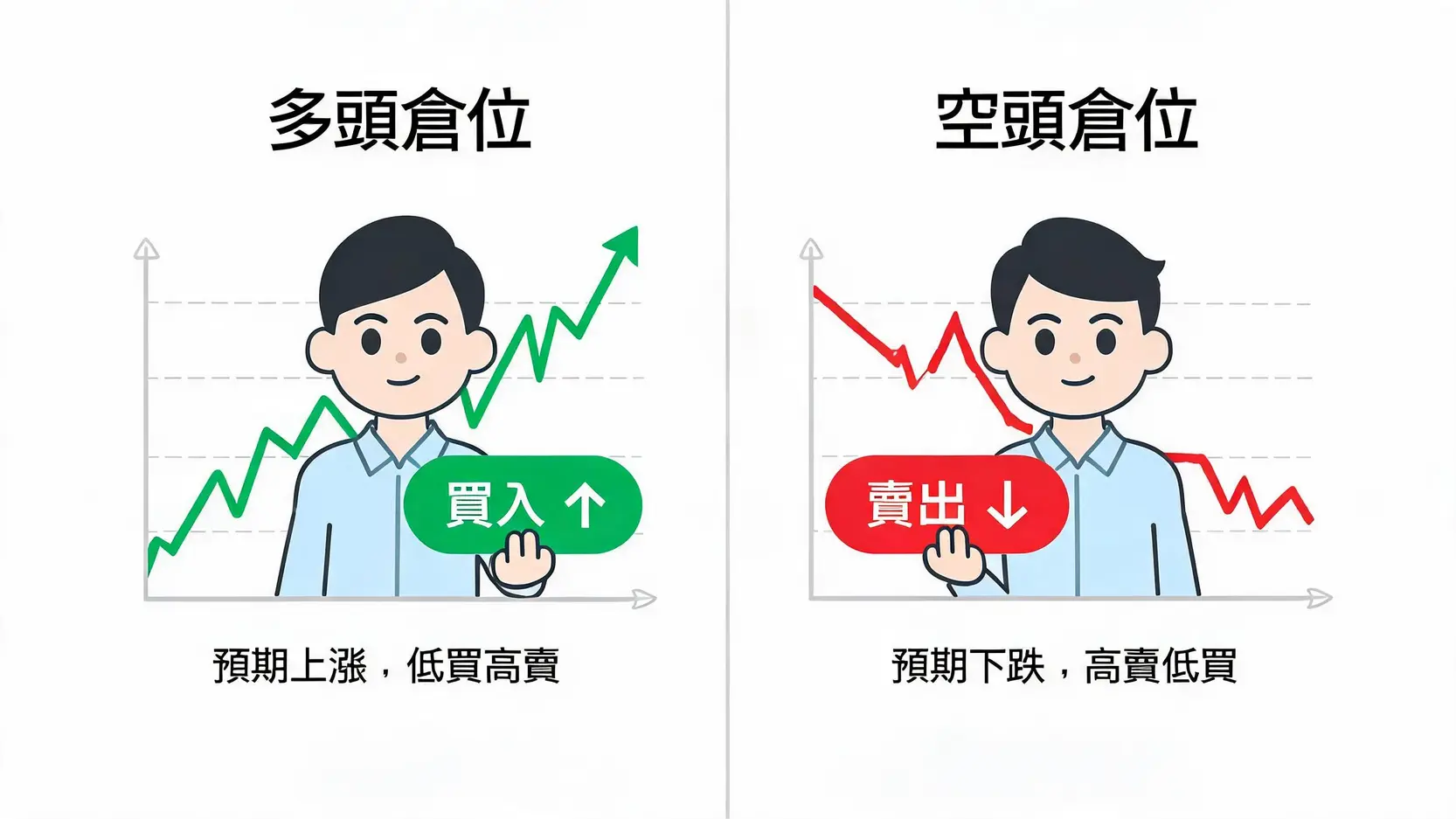 倉位(Position)是什麼?5分鐘搞懂外匯、股票交易的核心概念 一張圖解釋多頭倉位與空頭倉位的區別,左邊是預期上漲的買入操作,右邊是預期下跌的賣出操作。