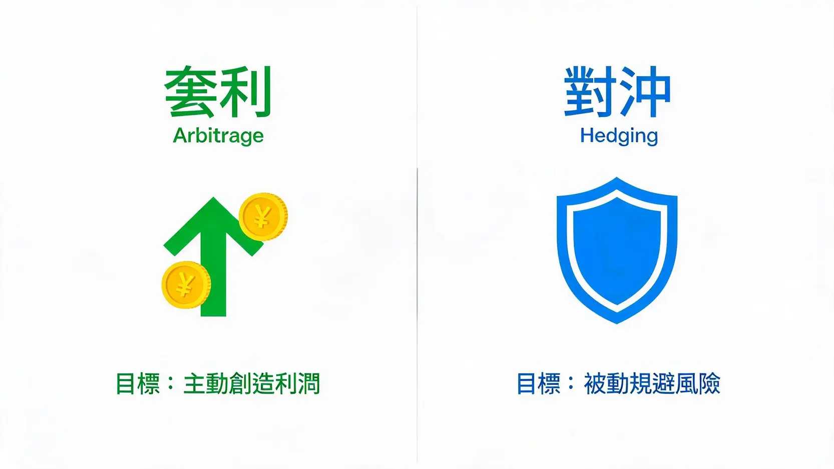 套利(Arbitrage)是什麼?低風險獲利的交易策略、類型與實戰教學 套利與對沖的比較圖,左邊說明套利的目標是主動獲利,右邊說明對沖的目標是被動避險。