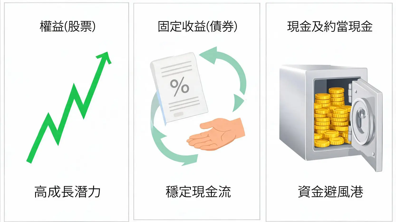 資產類別(Asset Classes)有哪些?股票、債券、另類投資全解析 傳統三大資產類別示意圖,分別是代表成長潛力的股票、代表穩定現金流的債券以及代表資金避風港的現金。
