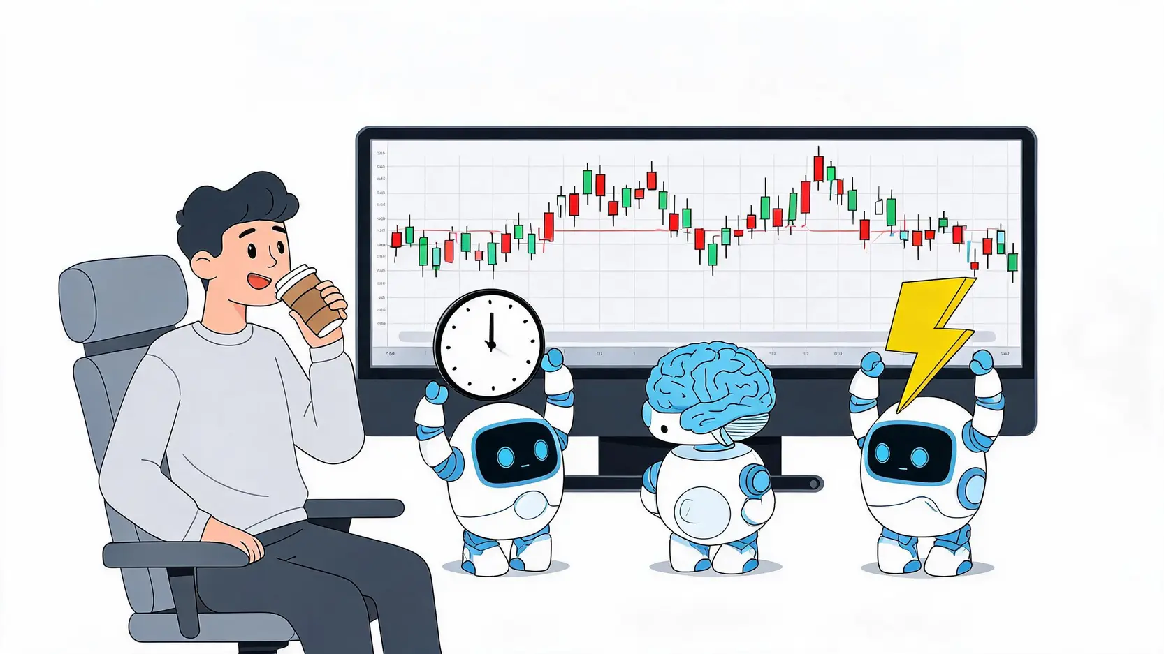 交易致勝關鍵!TradingView快訊(Alerts)設定教學,不錯過任何買賣點 一位交易者輕鬆地喝著咖啡,而三個代表交易提醒功能的機器人正在替他監控市場,分別象徵著節省時間、紀律化交易與即時捕捉機會。