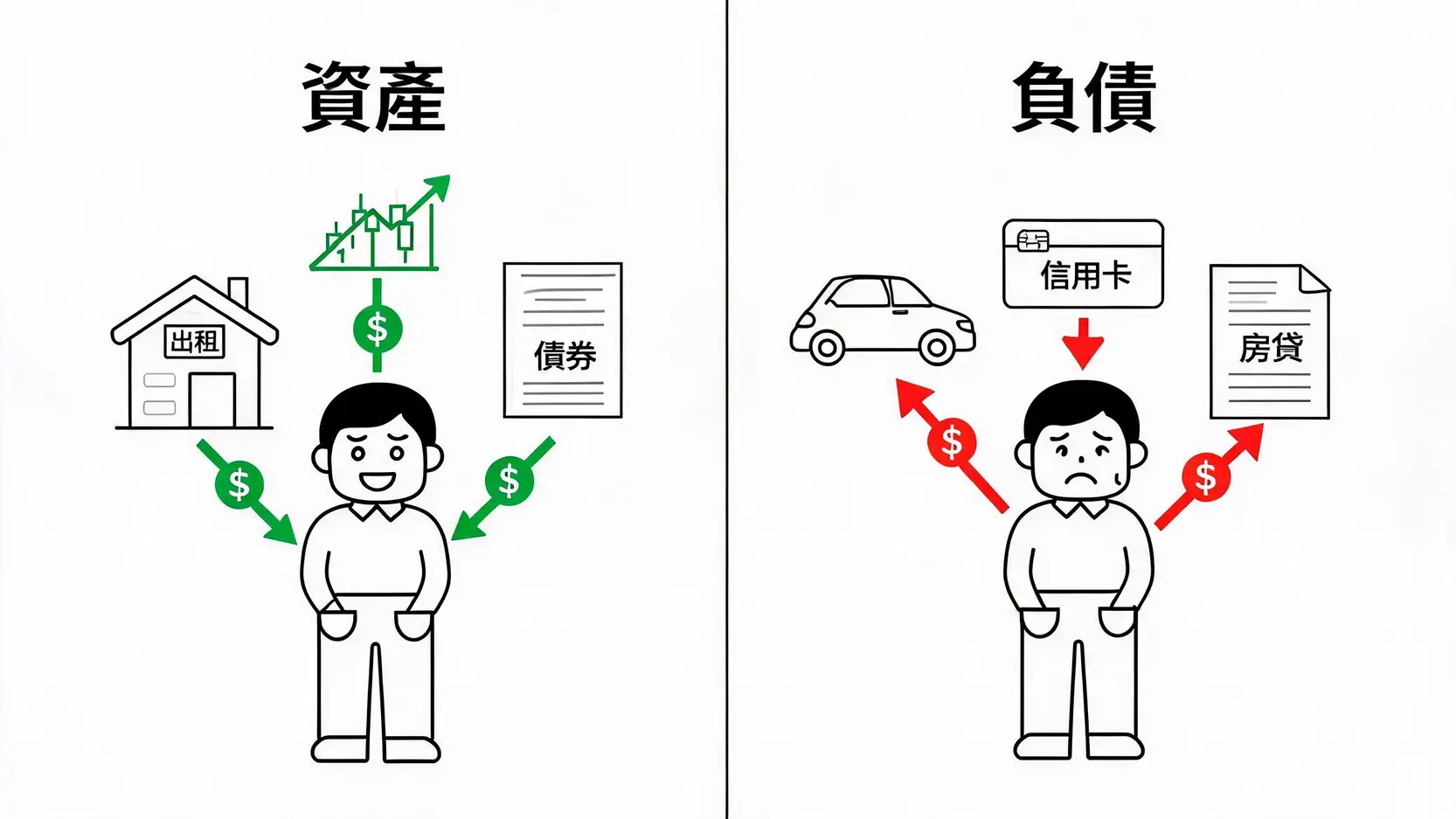 資產是什麼(Asset)?一篇搞懂資產定義、分類與資產負債的差異 一張對比圖,左邊是資產(如收租的房子和股票)為人帶來現金流入,右邊是負債(如自用車和卡債)導致現金流出。
