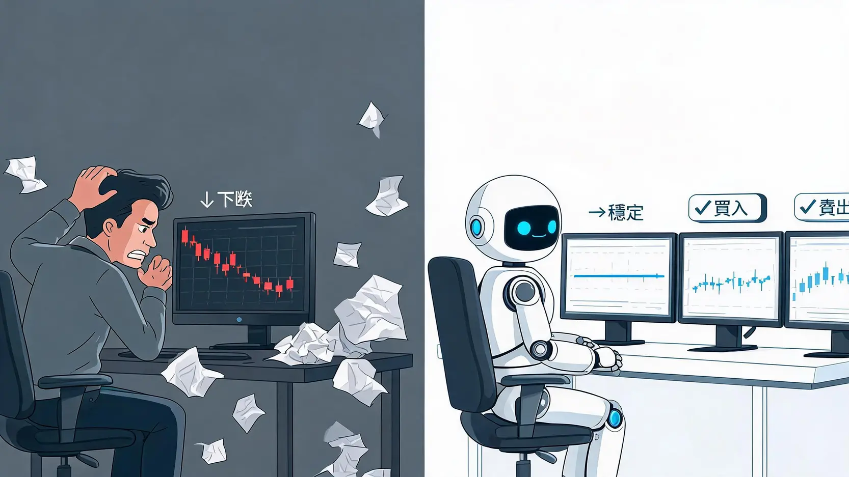 自動交易(AutomatedTrading)全解析:優缺點、風險與常見策略 一張對比圖,左邊是手動交易的人類感到焦慮,右邊是自動交易的機器人冷靜地執行指令。