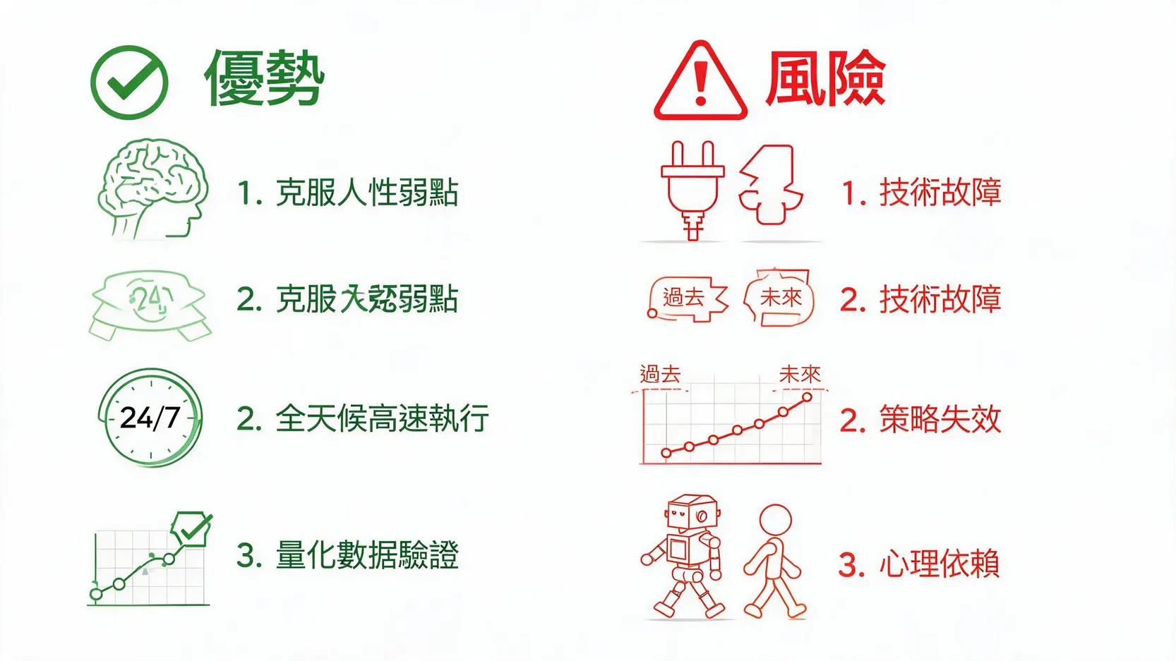 自動交易(AutomatedTrading)全解析:優缺點、風險與常見策略 自動交易的優缺點對比圖,優點包括克服人性、速度快、可回測;缺點包括技術、策略和心理風險。