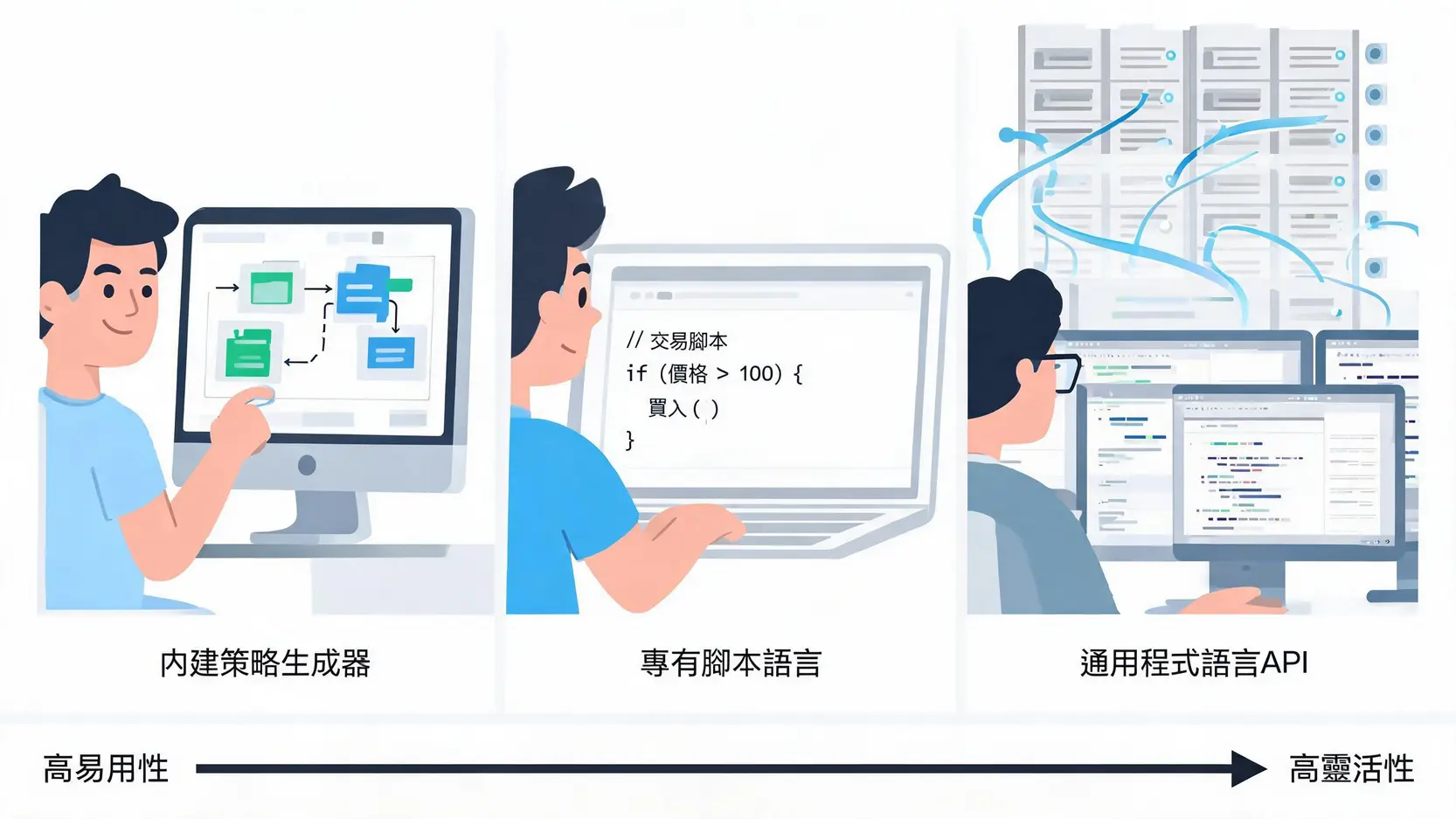 【2026】自動交易平台/軟體推薦:MT4/MT5、TradingView、IB API大評比 三種自動交易平台類型比較圖,展示了從適合新手的內建生成器到適合專業開發者的API,在易用性與靈活性上的不同。