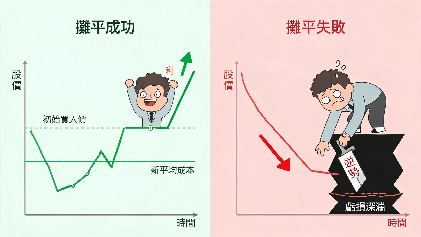 攤平(Averaging Down)策略全解析:是解套良藥還是虧損毒藥? 對比圖顯示攤平策略的兩種結果:成功時加速獲利,失敗時則如徒手接落刀,導致虧損加劇。