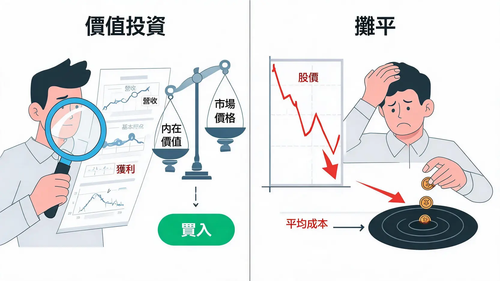 攤平越攤越貧?深入解析平均降低策略(Averaging Down)的3大風險與替代方案 價值投資與攤平策略的比較圖,價值投資基於基本面分析,而攤平是為彌補虧損而不斷投入資金。