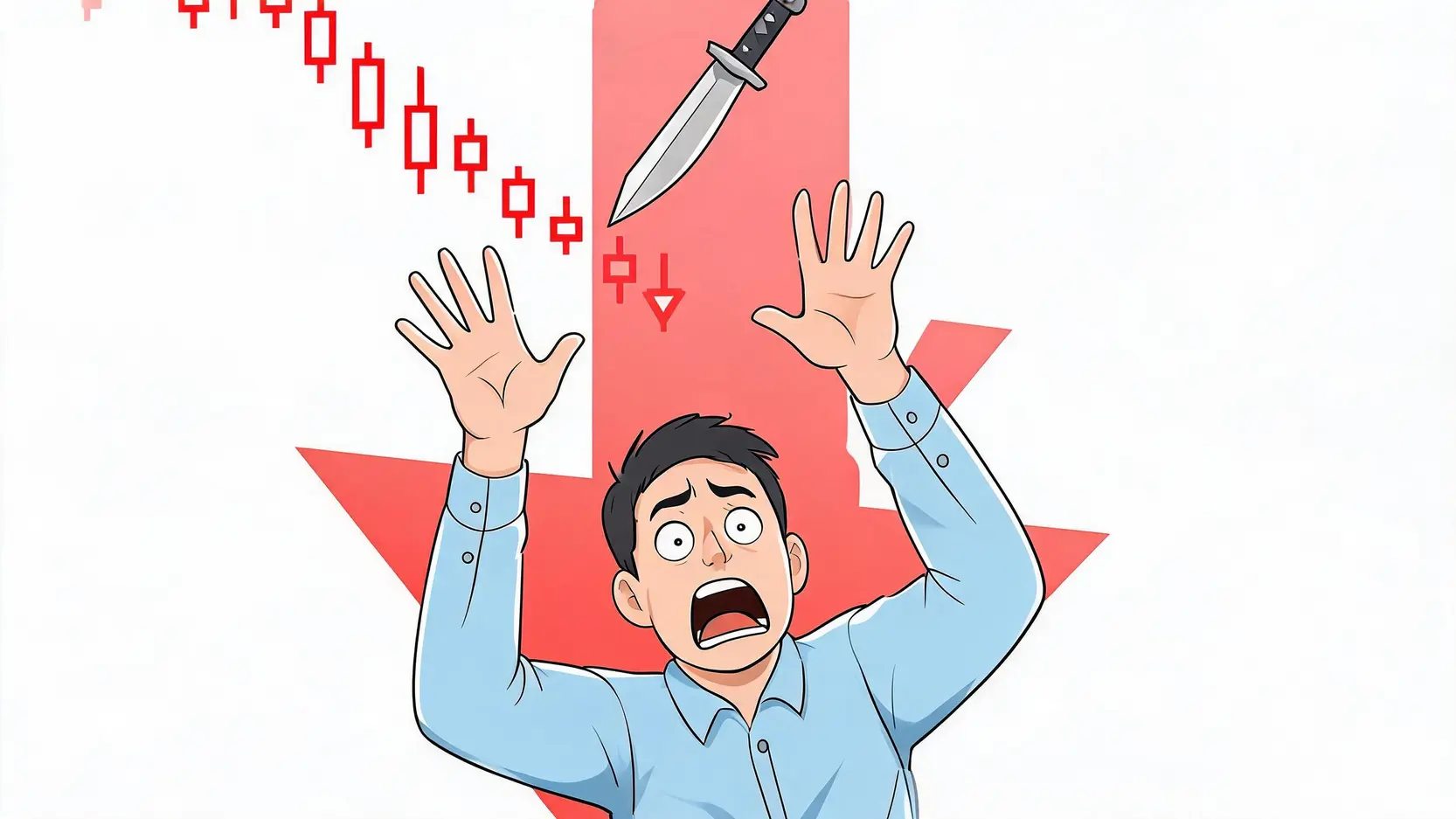 攤平越攤越貧?深入解析平均降低策略(Averaging Down)的3大風險與替代方案 一個投資者試圖接住一把正在下墜的刀子,象徵著在下跌市場中進行攤平的巨大風險。