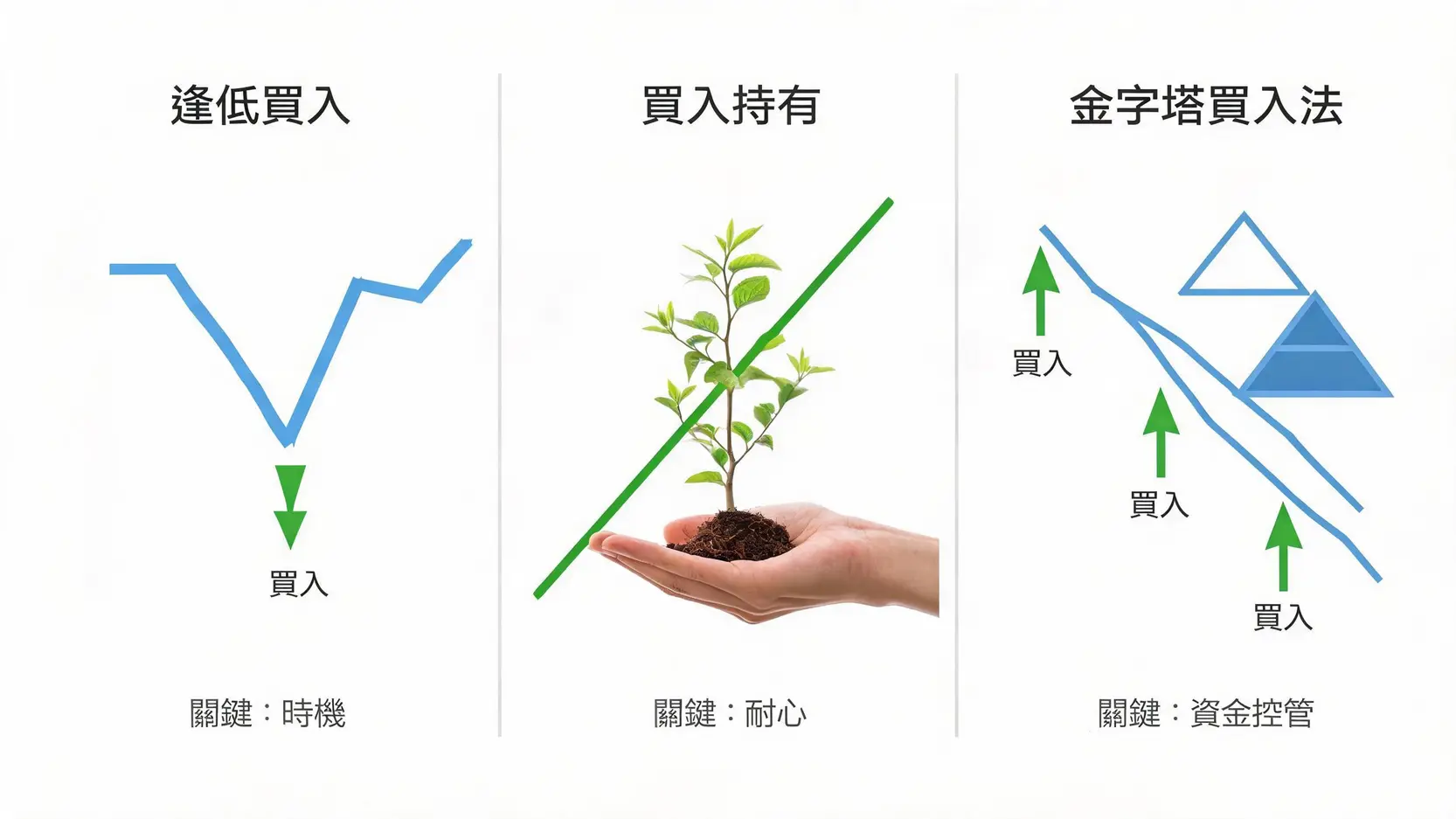 買入的藝術:「逢低買入」總是買在半山腰?高手不說的買入時機判斷法 三大買入策略比較圖:逢低買入、買入持有與金字塔買入法的核心概念示意圖。