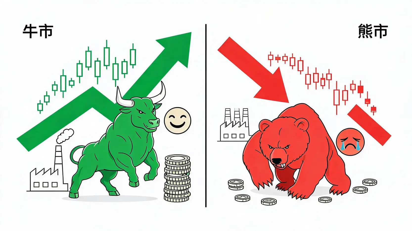 牛市是什麼?一文看懂Bull Market特徵、三階段與投資策略 牛市與熊市的對比圖,展示了綠色公牛向上衝鋒與紅色大熊向下揮擊的對立場景,象徵市場的漲跌循環。