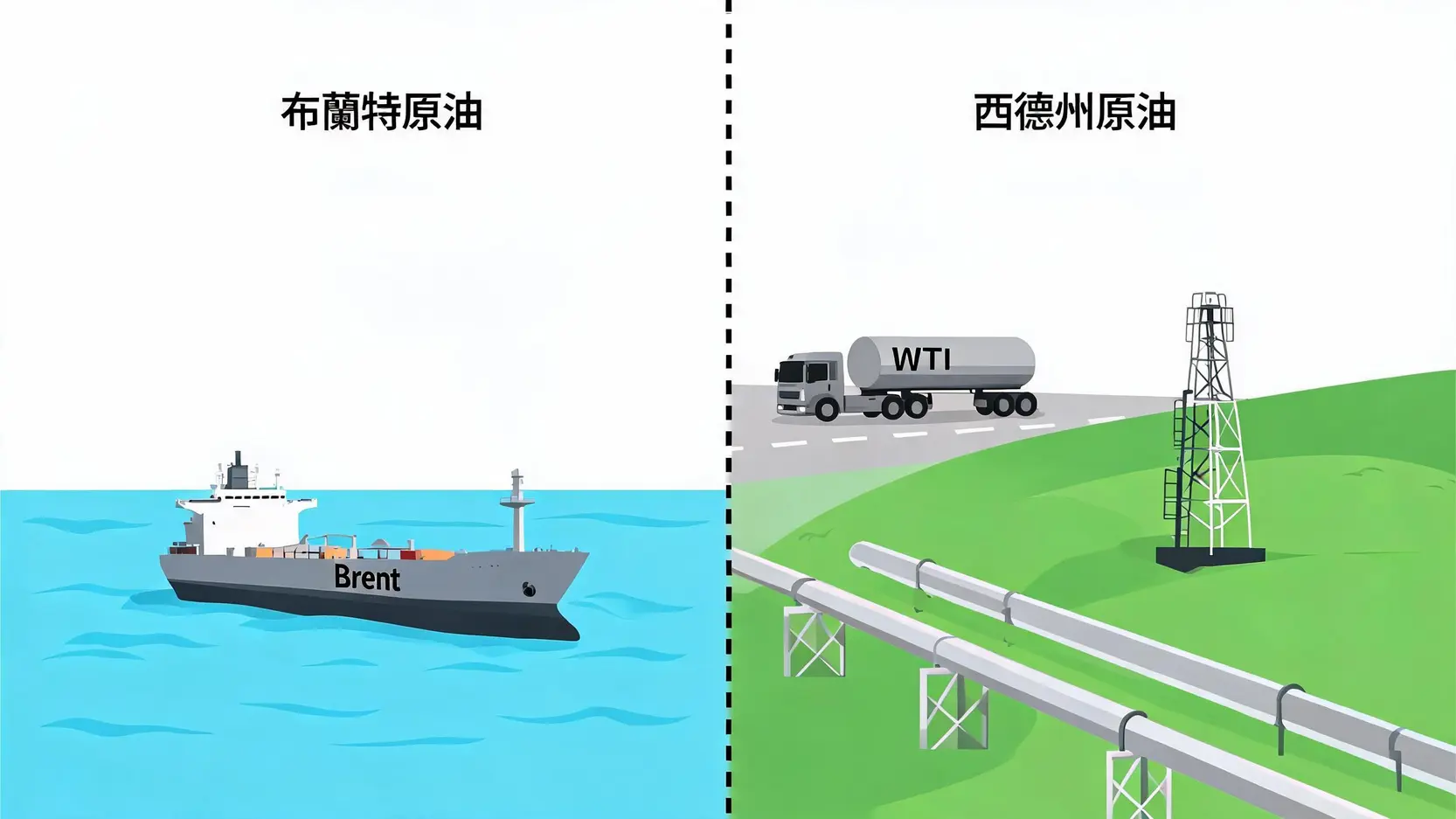 布蘭特原油(Brent Crude)是什麼?全球最重要油價指標全解析 布蘭特原油與西德州原油的產地與運輸方式對比圖,顯示布蘭特為海運,西德州為內陸運輸。