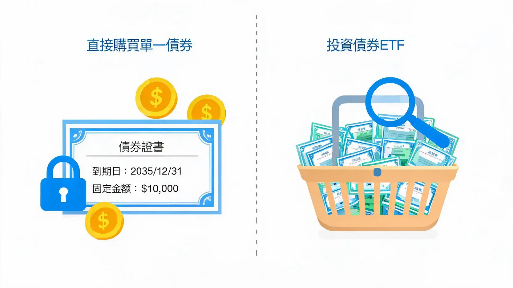 債券交易全攻略:如何買賣債券?從開戶到下單的實戰指南 單一債券與債券ETF的對比圖,單一債券強調鎖定到期收益,債券ETF強調風險分散。