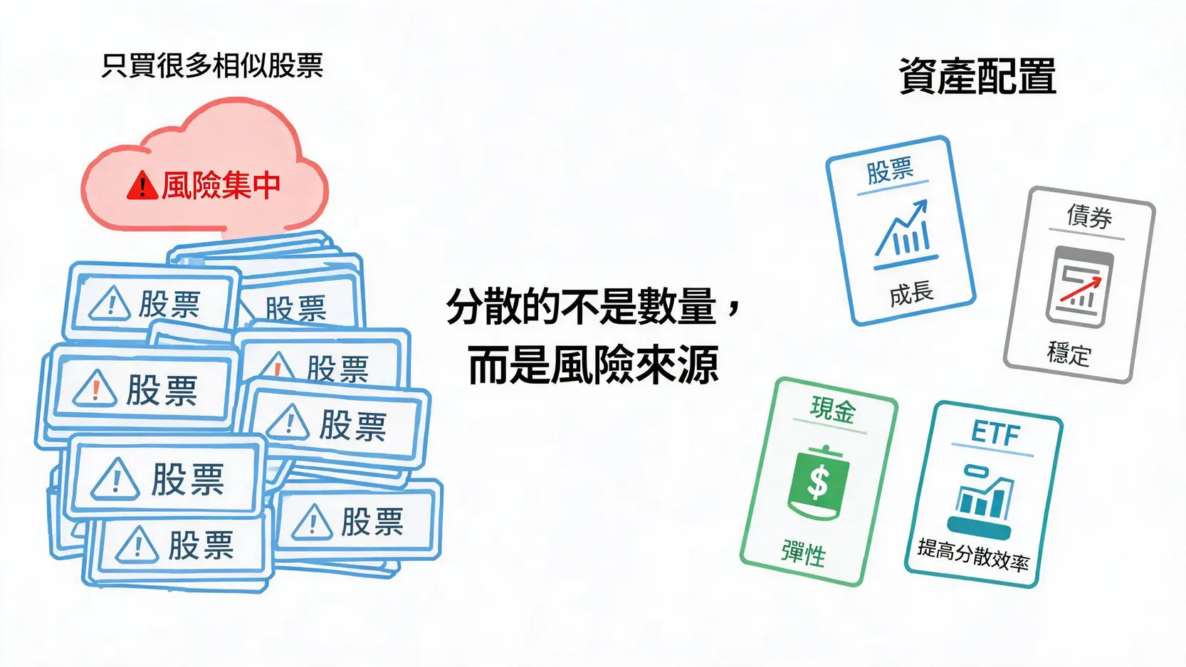 分散投資怎麼做?一次搞懂資產配置與降低風險的實戰方法 分散投資與資產配置差異示意圖