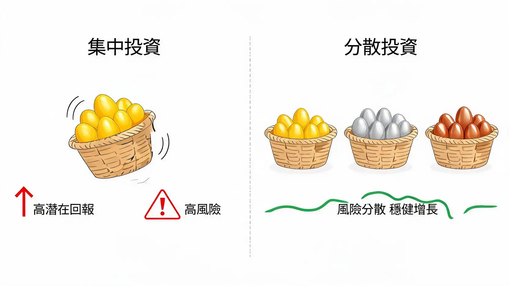分散投資怎麼做?5步驟搞懂資產配置,降低風險與實戰方法全圖解 集中投資與分散投資的風險對比圖,顯示了將所有雞蛋放一個籃子和分開放多個籃子的區別。