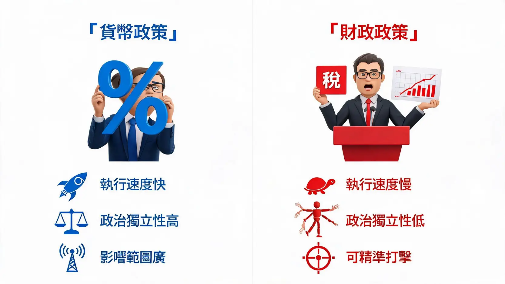 貨幣政策與財政政策的優缺點對比圖，以銀行家和政治家形象分別代表兩種政策，並用圖標展示其在速度、獨立性和影響範圍上的差異。