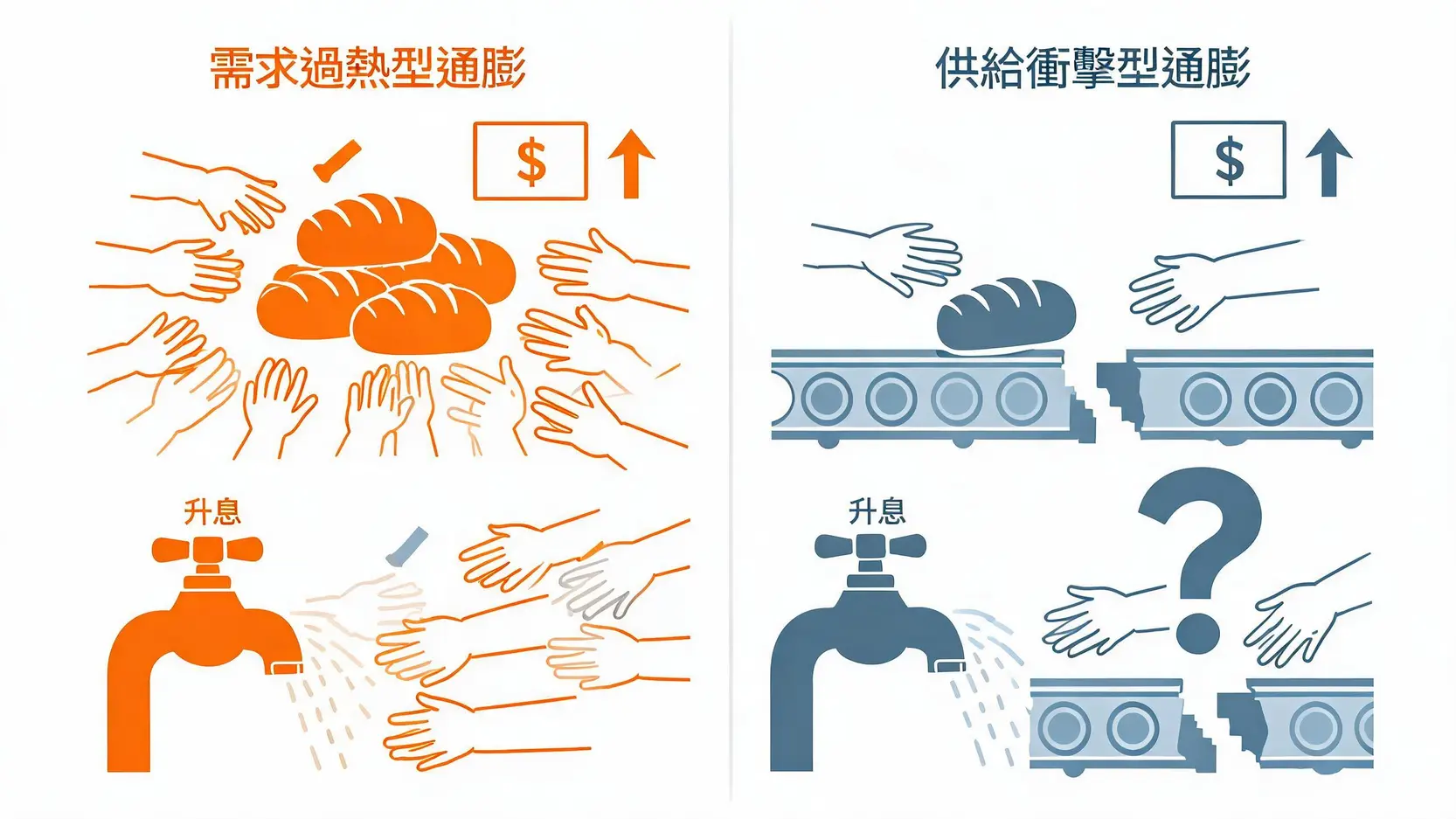 需求拉動型通膨與供給衝擊型通膨的成因對比圖，解釋了為何升息對解決供應鏈問題導致的通膨效果有限。