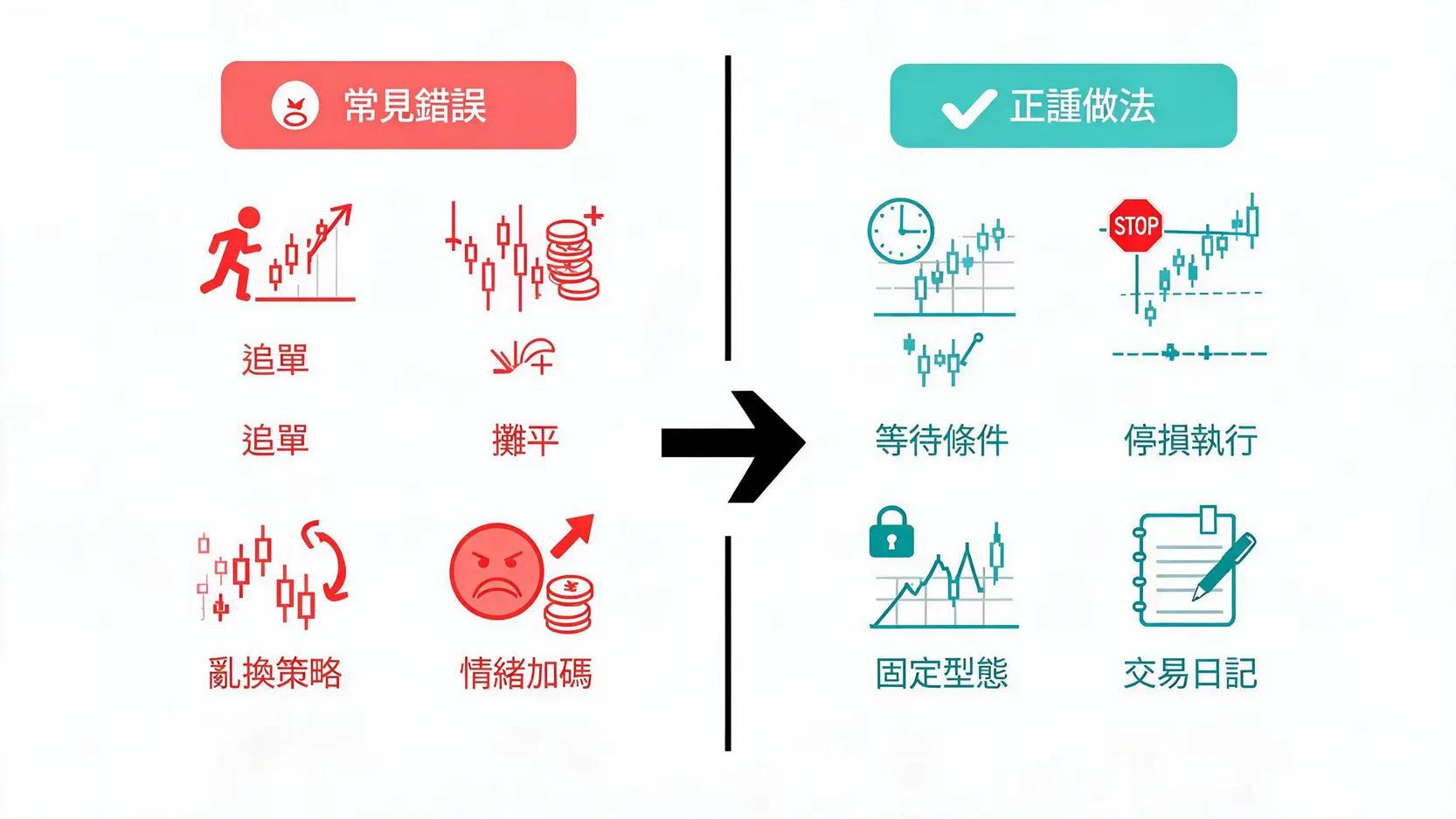 Daytrading日內交易怎麼開始?新手入門步驟與風控教學 日內交易常見錯誤與正確紀律對比圖