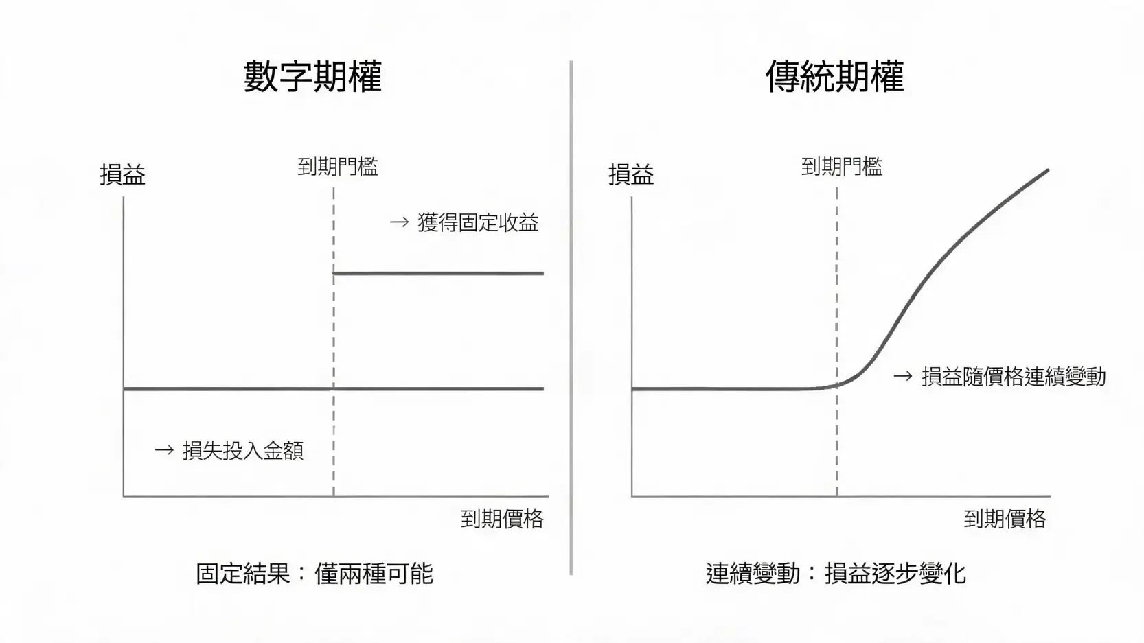 DigitalOptions數字期權是什麼?運作方式與風險一次看懂 數字期權與傳統期權損益結構差異示意圖