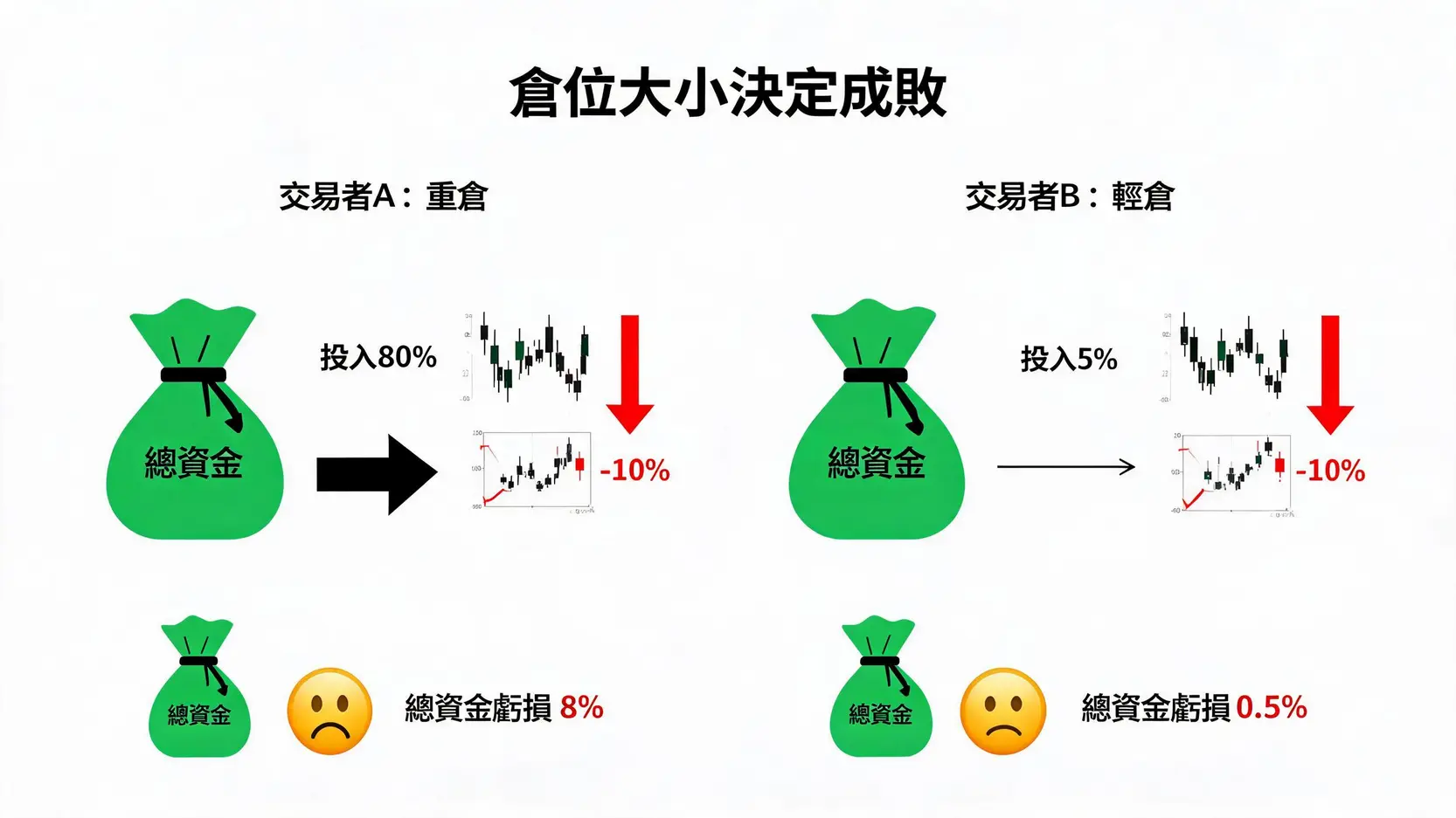 倉位管理終極指南:如何計算與控制你的交易Exposure?【風控核心】 一張對比圖顯示重倉與輕倉的後果,重倉交易者因股價下跌虧損慘重,而輕倉交易者則影響甚微。