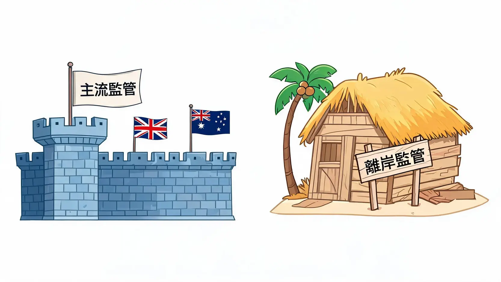 【2026外匯經紀商推薦】如何選擇Forex Broker?7大安全指標與詐騙平台辨識法 主流監管與離岸監管的差異圖,主流監管如堅固堡壘提供嚴格保護,離岸監管如脆弱小屋保障薄弱。