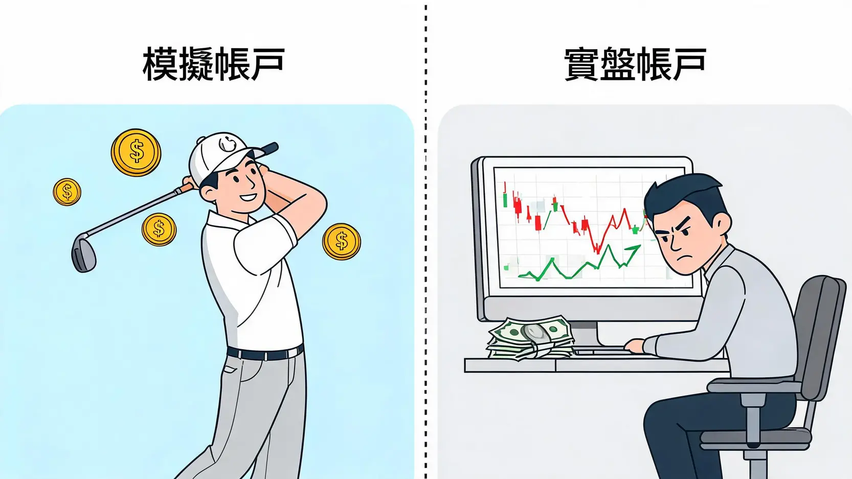 外匯交易教學:新手從0到1實戰指南,完成你的第一筆Forex交易 模擬帳戶與實盤帳戶的對比圖,顯示了練習與真實交易的區別。