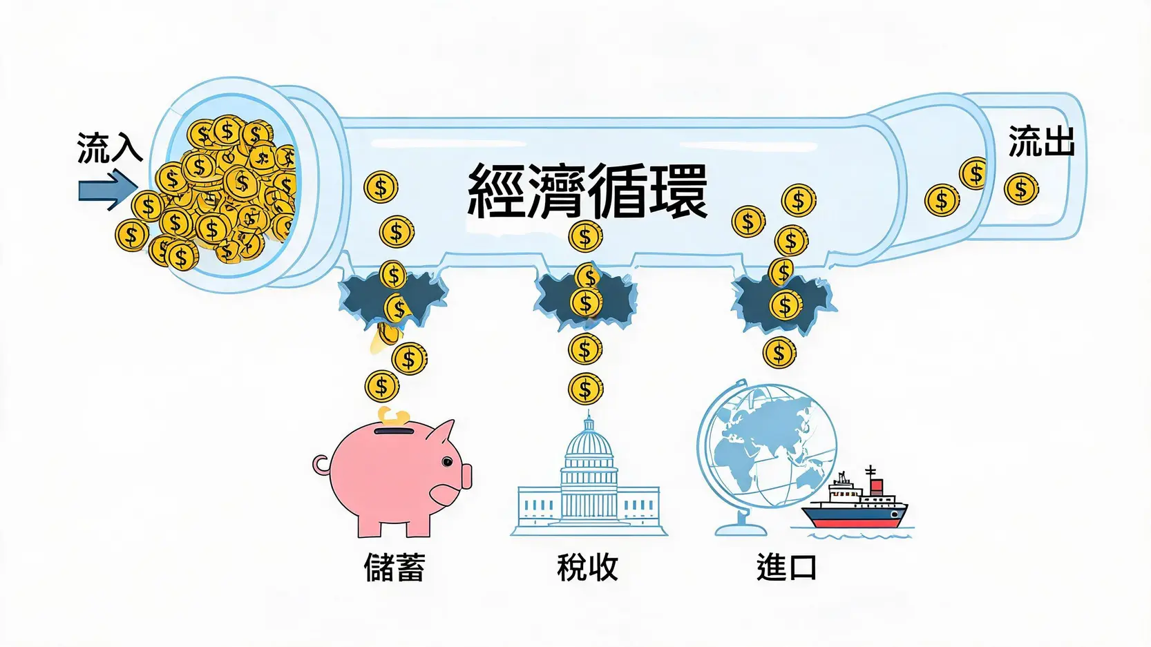 乘數效應是什麼?一篇看懂財政與貨幣政策的放大魔術與現實漏洞 乘數效應的三大漏洞示意圖,顯示儲蓄、稅收與進口如何導致資金流出經濟循環。