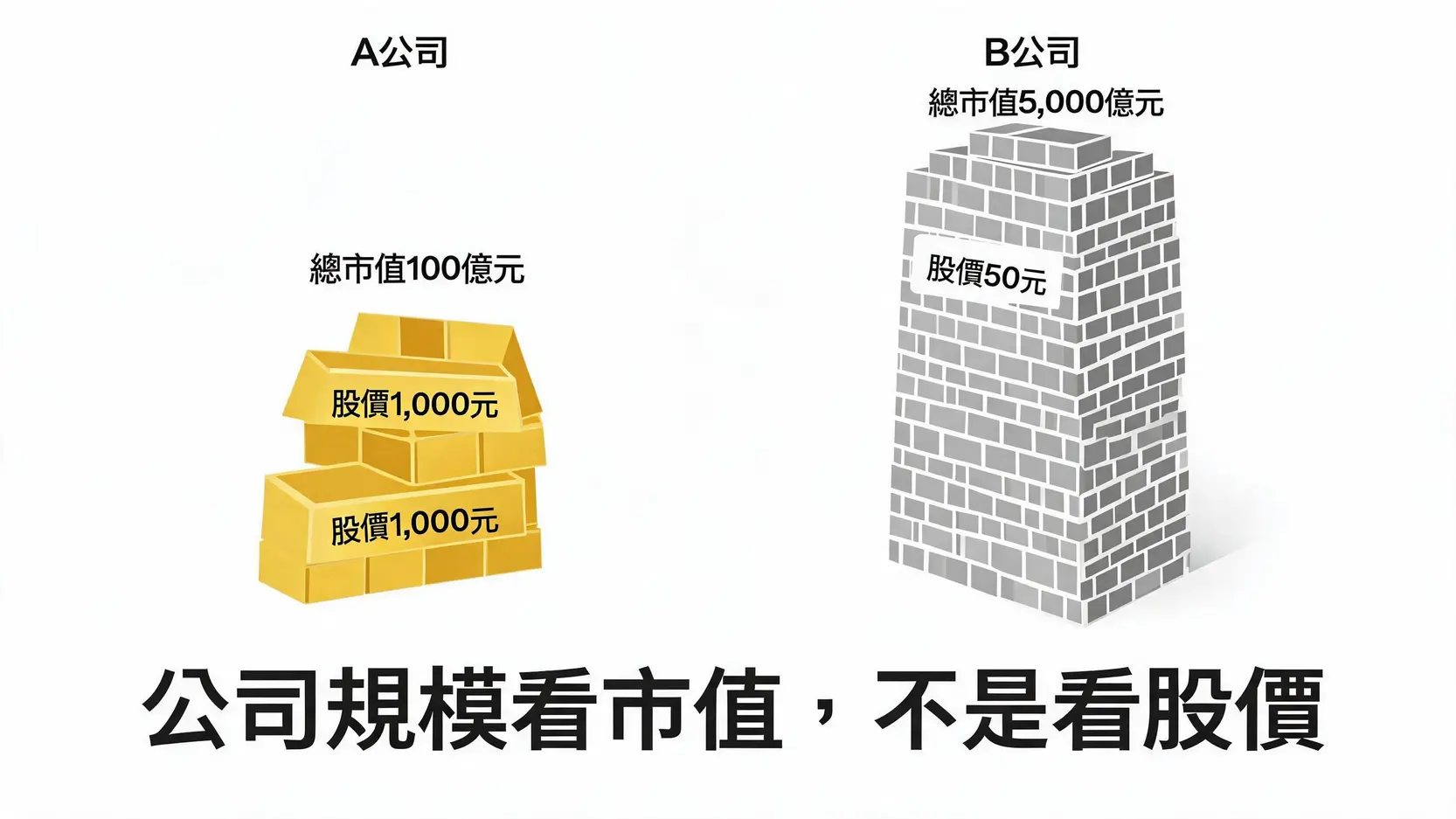 市值(Market Cap)是什麼?如何計算?比股價更能判斷公司規模的關鍵指標 A公司與B公司的市值與股價對比圖,顯示B公司雖然股價低但市值遠大於A公司。