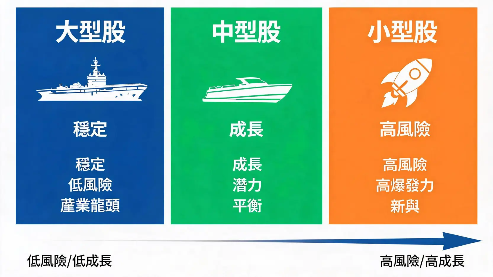 市值(Market Cap)是什麼?如何計算?比股價更能判斷公司規模的關鍵指標 大型股、中型股與小型股的特性比較圖,以航空母艦、快艇和火箭比喻其穩定性與風險。