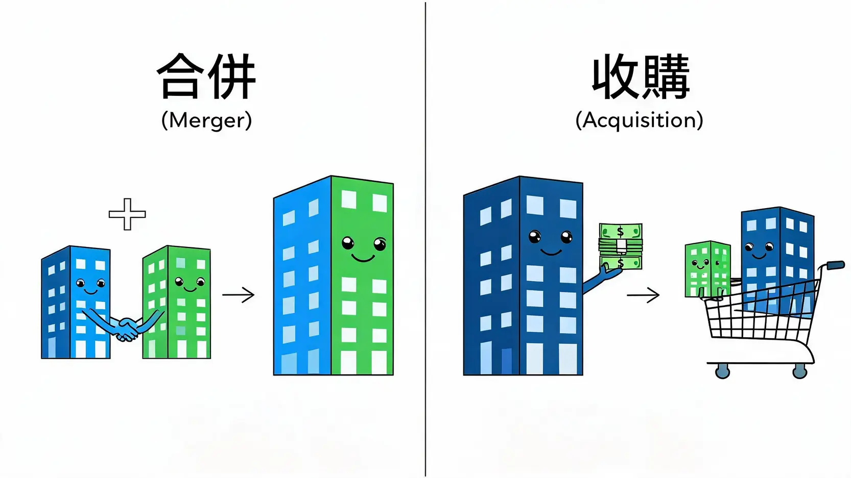 併購(M&A)是什麼意思?一篇搞懂「合併」與「收購」的差別與背後目的 合併與收購的核心差異圖解:合併是兩家公司平等結合,收購則是一家大公司買下小公司。