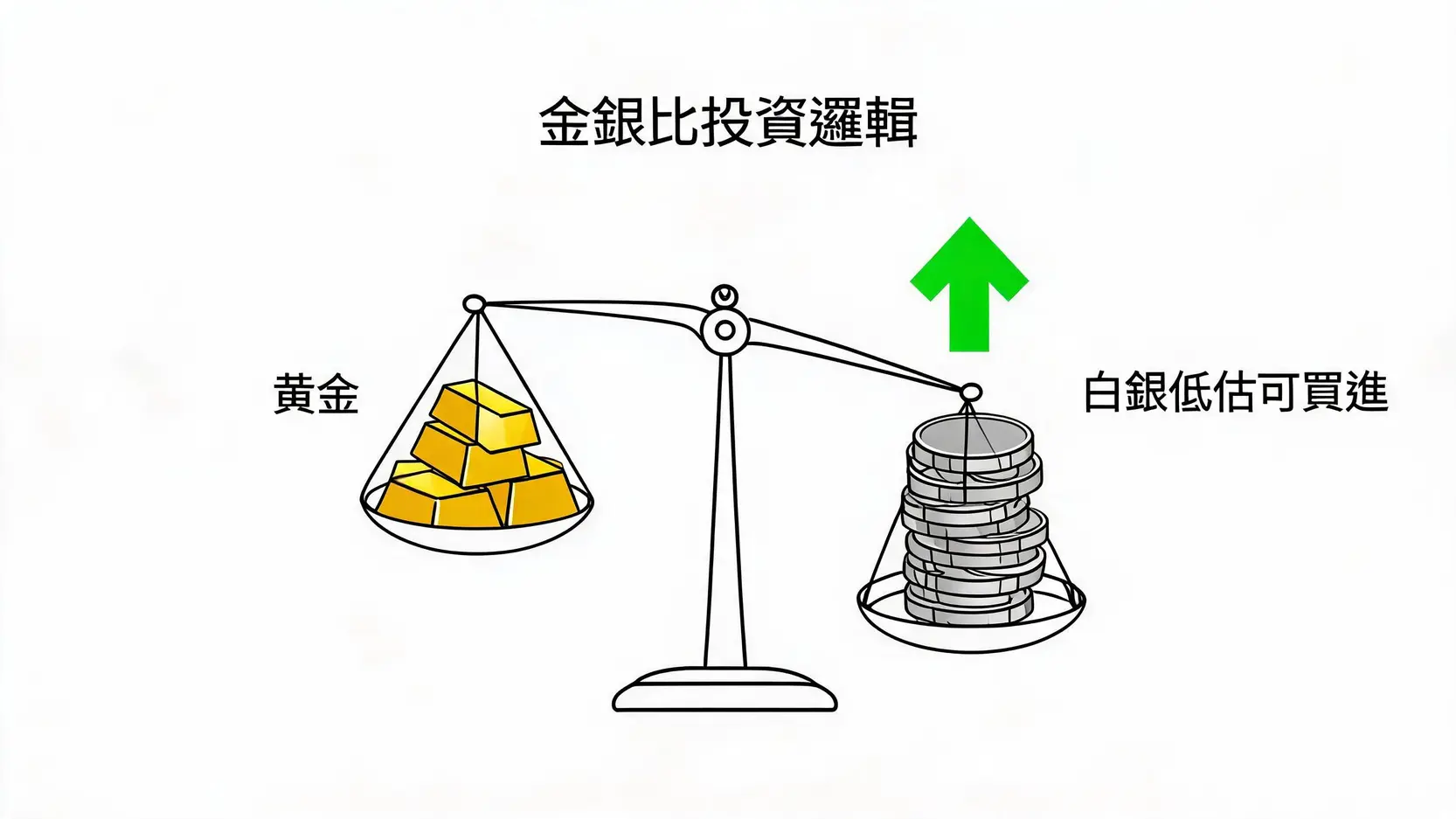 白銀投資全攻略:影響白銀價格5大因素與新手買賣管道解析 金銀比指標概念圖,展示天平傾斜時白銀被低估的買進邏輯