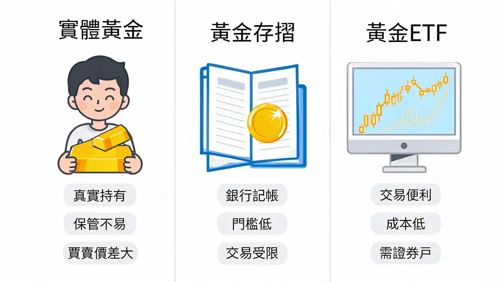 黄金白银怎么买?2026投资全攻略:5大管道优缺点与风险解析 三種主流黃金投資方式(實體黃金、黃金存摺、黃金ETF)的優缺點對比圖。