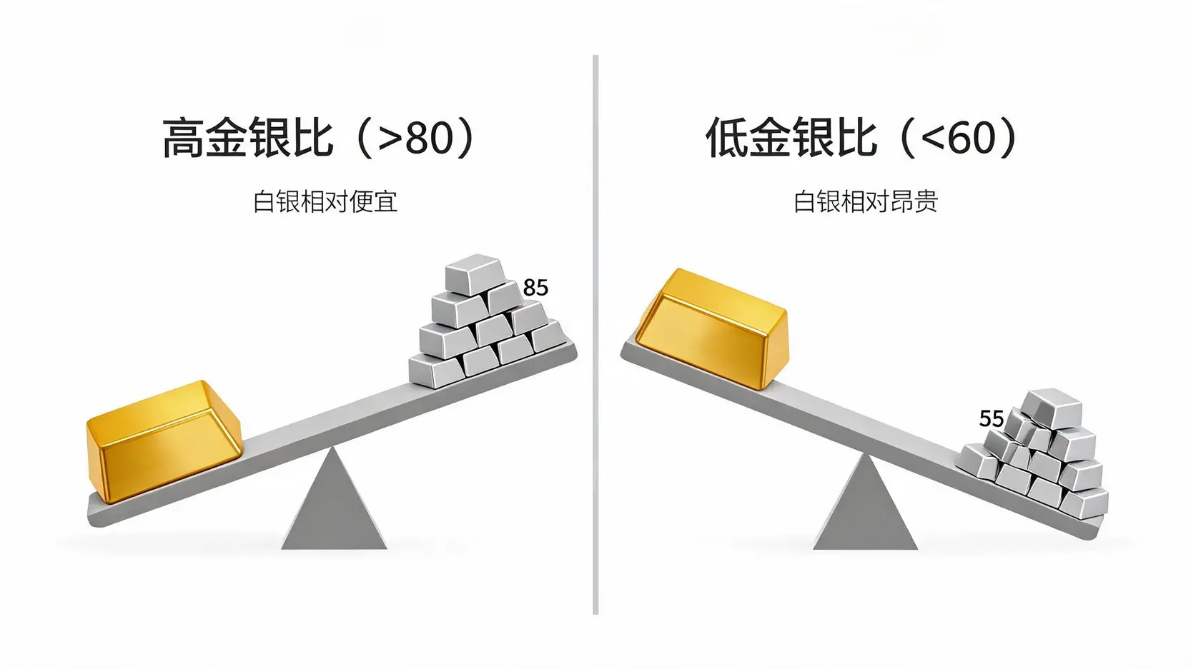 黄金白银价格还会涨吗?读懂金银比,预测2026市场走势与买卖点 金银比高低对白银价值影响的对比图,展示了高比率时白银相对便宜,低比率时白银相对昂贵。
