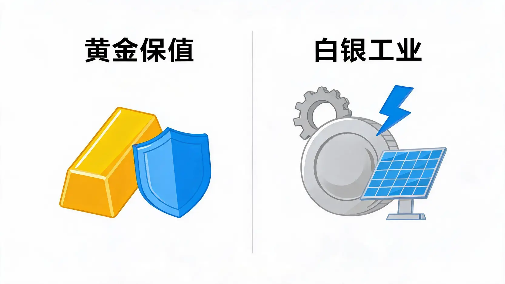 黄金vs白银投资新手指南:哪个更保值?一篇看懂差异与优缺点 黄金避险与白银工业属性的对比示意图