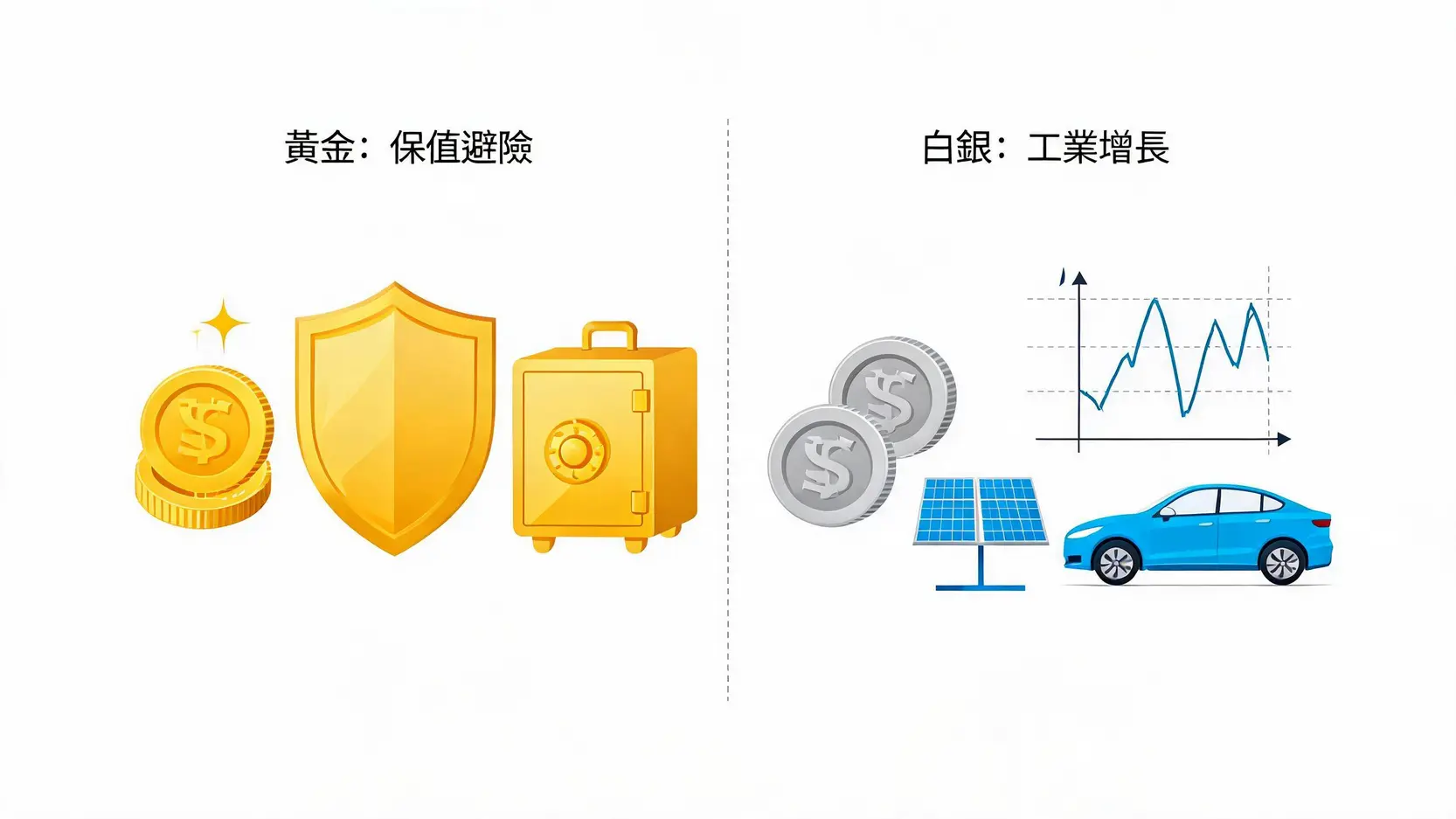黃金與白銀投資:2026年哪個更值得買?從金銀比透視入場時機 黃金與白銀的核心屬性對比圖,展示黃金的避險保值與白銀的工業增長特性