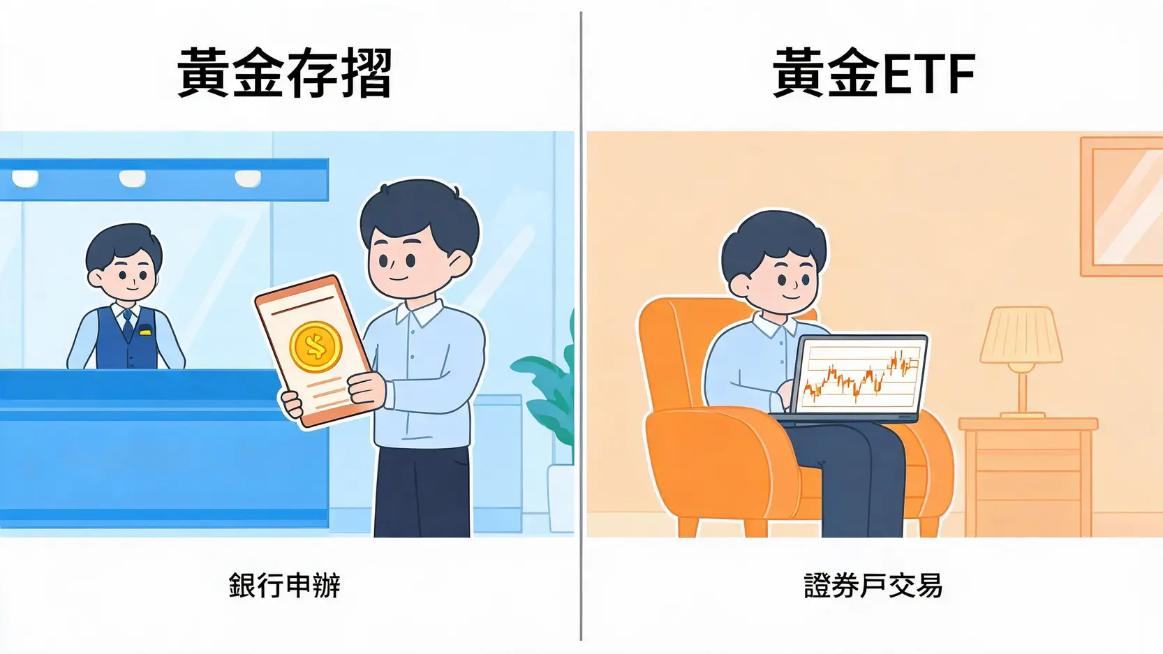 2026黃金投資管道超完整分析:實體黃金、黃金存摺、ETF怎麼選?5大買賣方式優缺點總整理 一張圖比較黃金存摺與黃金ETF的差異,左邊為銀行臨櫃辦理存摺,右邊為在家用電腦買賣ETF。