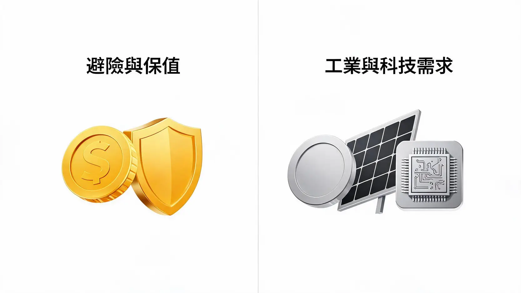 【新手指南】黃金還是白銀?2026年投資全攻略,一次看懂金銀比的秘密 黃金與白銀核心屬性對比圖:黃金避險保值與白銀工業科技需求