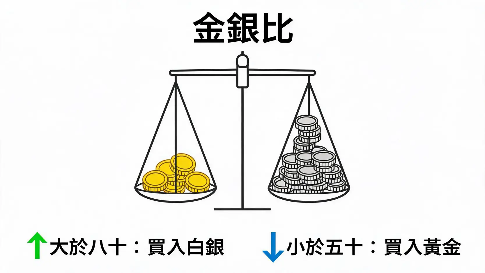 【新手指南】黃金還是白銀?2026年投資全攻略,一次看懂金銀比的秘密 金銀比數值判斷與貴金屬投資策略示意圖
