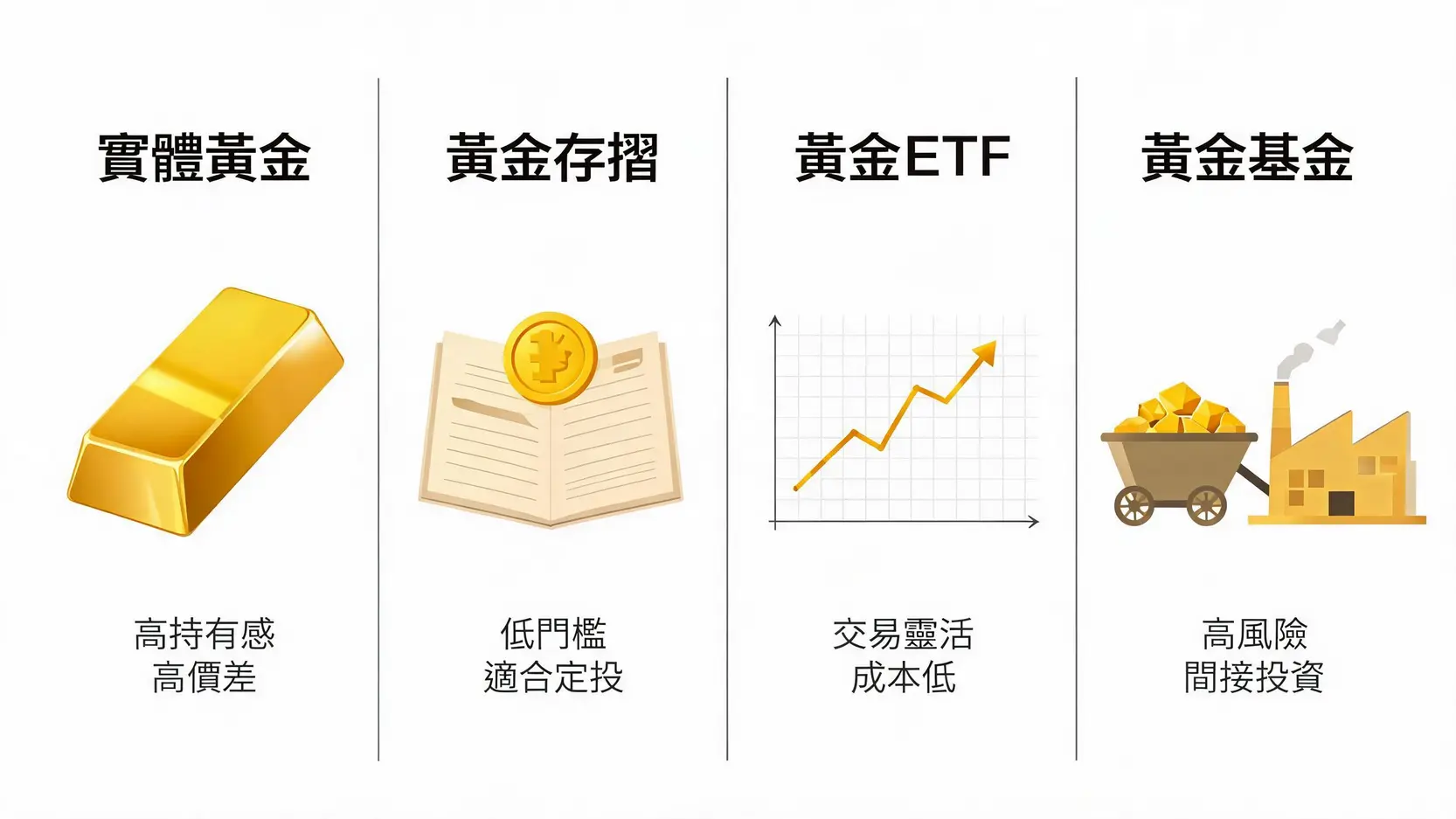 黃金投資入門指南:新手如何開始買黃金?2026完整管道與策略 一張圖表,對比實體黃金、黃金存摺、黃金ETF和黃金基金四種黃金投資管道的優缺點。